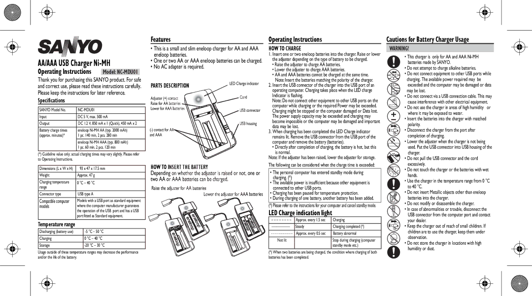 Sanyo NC-MDU01 specifications Features, Operating Instructions, LED Charge indication light 