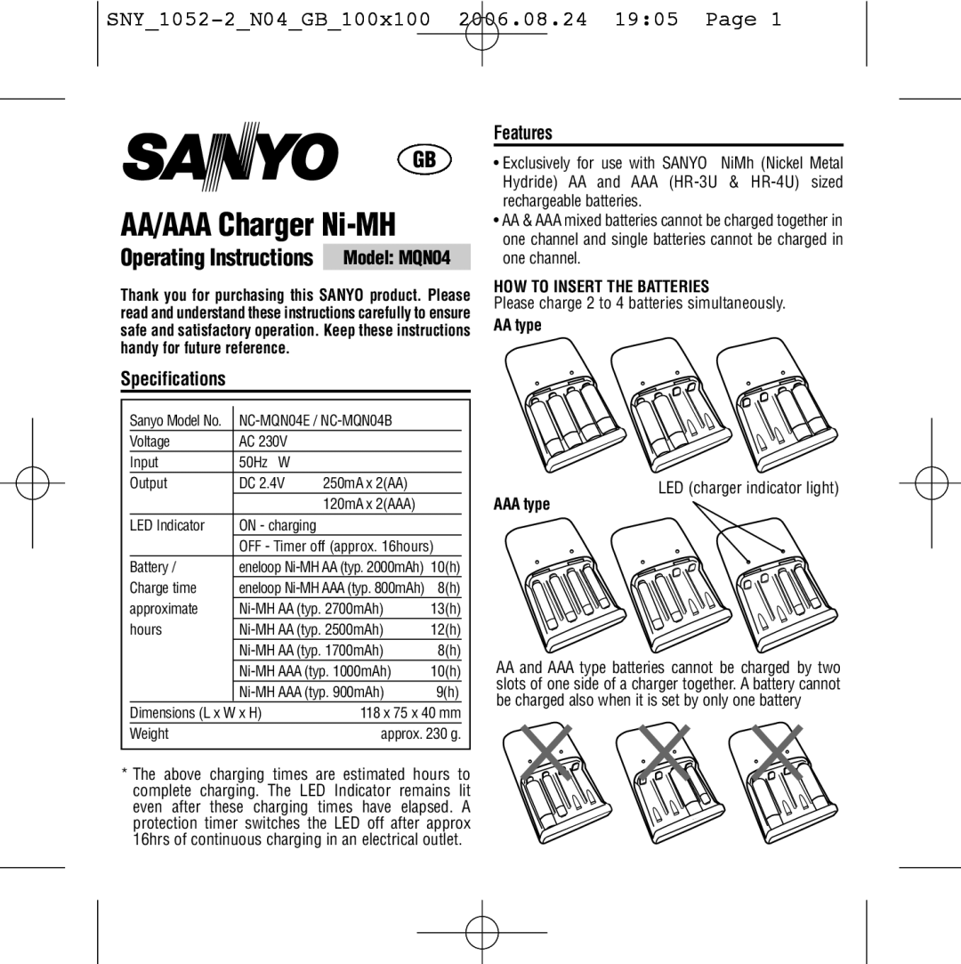 Sanyo NC-MQN04B, NC-MQN04E operating instructions Specifications, Features, HOW to Insert the Batteries 