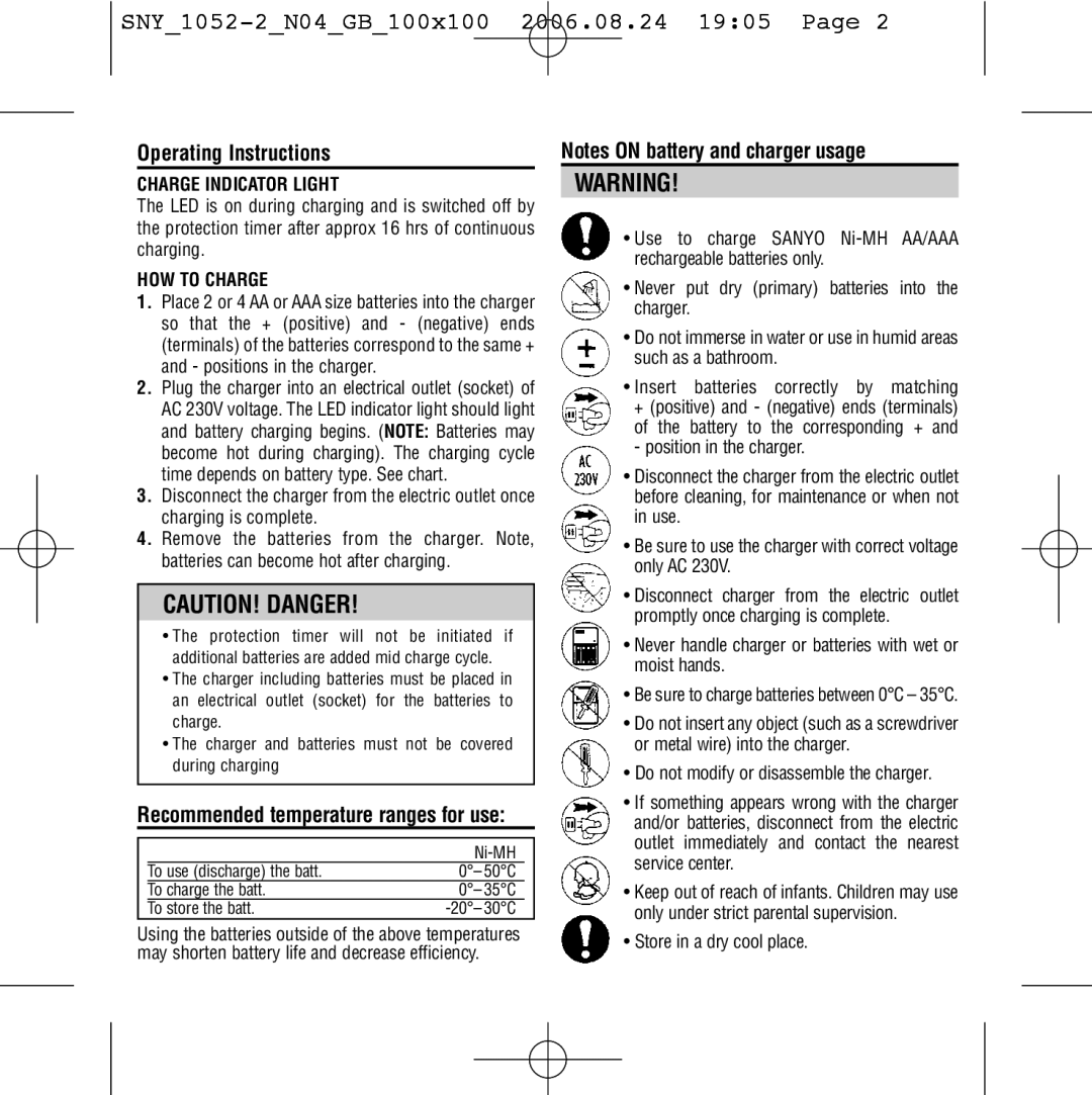 Sanyo NC-MQN04E Operating Instructions, Recommended temperature ranges for use, Charge Indicator Light, HOW to Charge 