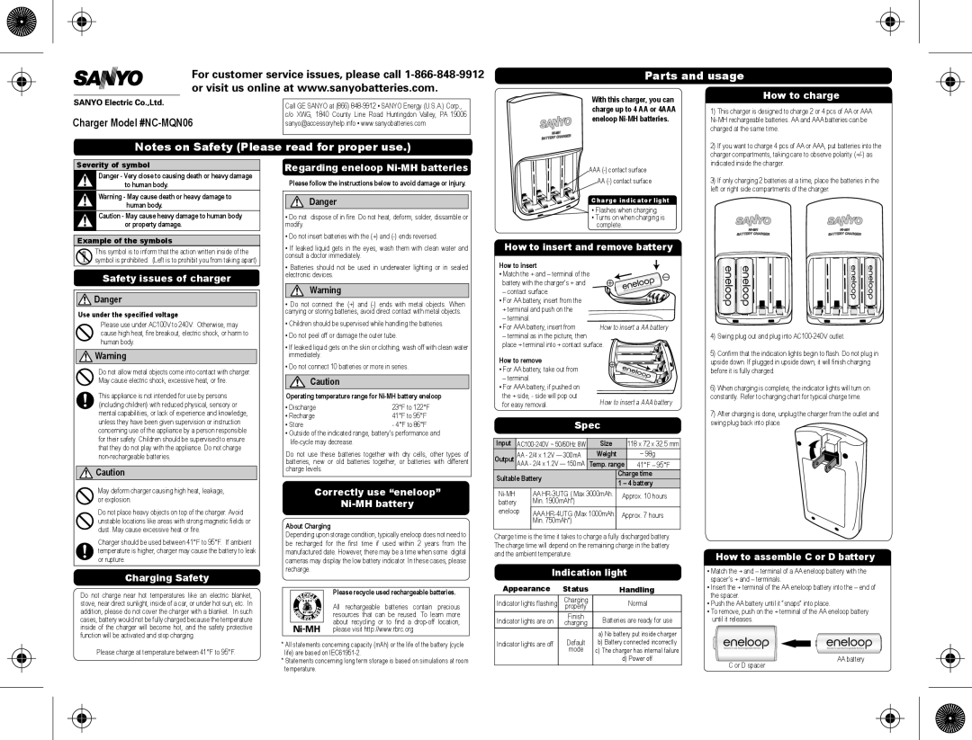 Sanyo NC-MQN06 manual How to charge, Safety issues of charger, Regarding eneloop Ni-MH batteries, Charging Safety, Spec 