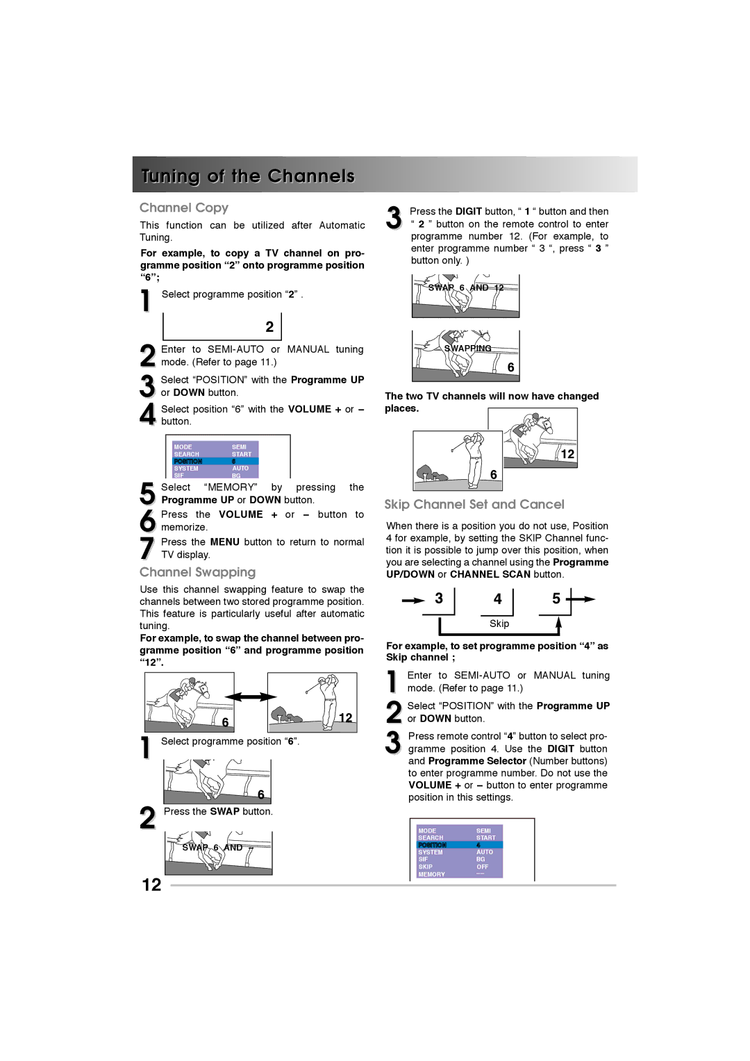 Sanyo P21CF1M, 21VF1K, A21CF1M instruction manual Channel Copy, Skip Channel Set and Cancel, Channel Swapping 