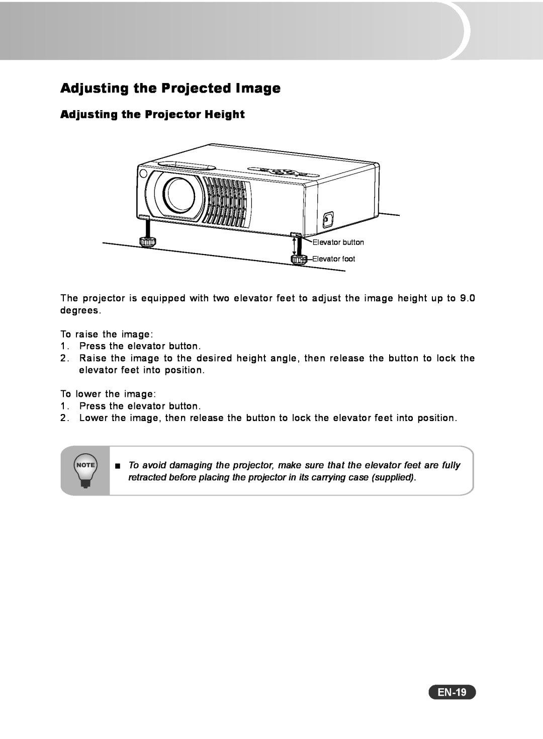 Sanyo PCL-WXU10B, PCL-WXU10N, PCL-WXU10E manual Adjusting the Projected Image, Adjusting the Projector Height, EN-19 