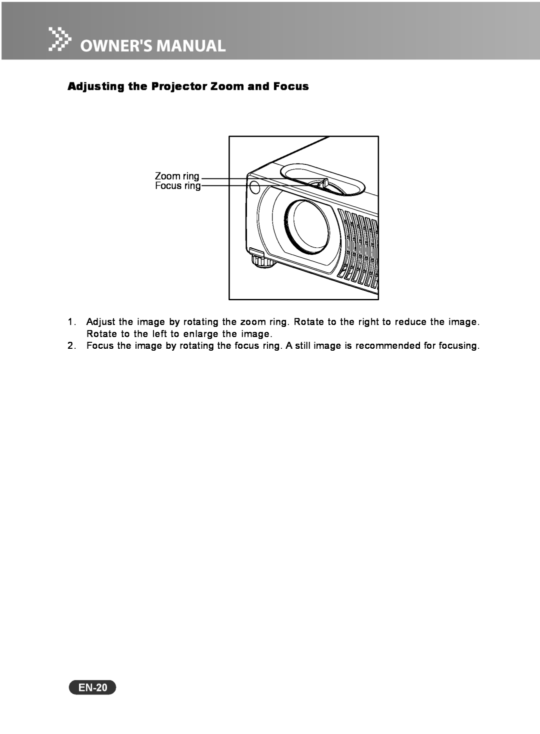Sanyo PCL-WXU10N, PCL-WXU10E, PCL-WXU10B manual Adjusting the Projector Zoom and Focus, EN-20 