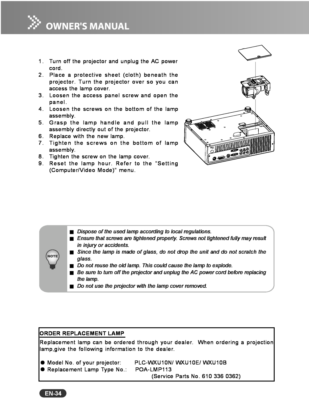Sanyo PCL-WXU10B, PCL-WXU10N, PCL-WXU10E manual EN-34, Order Replacement Lamp 
