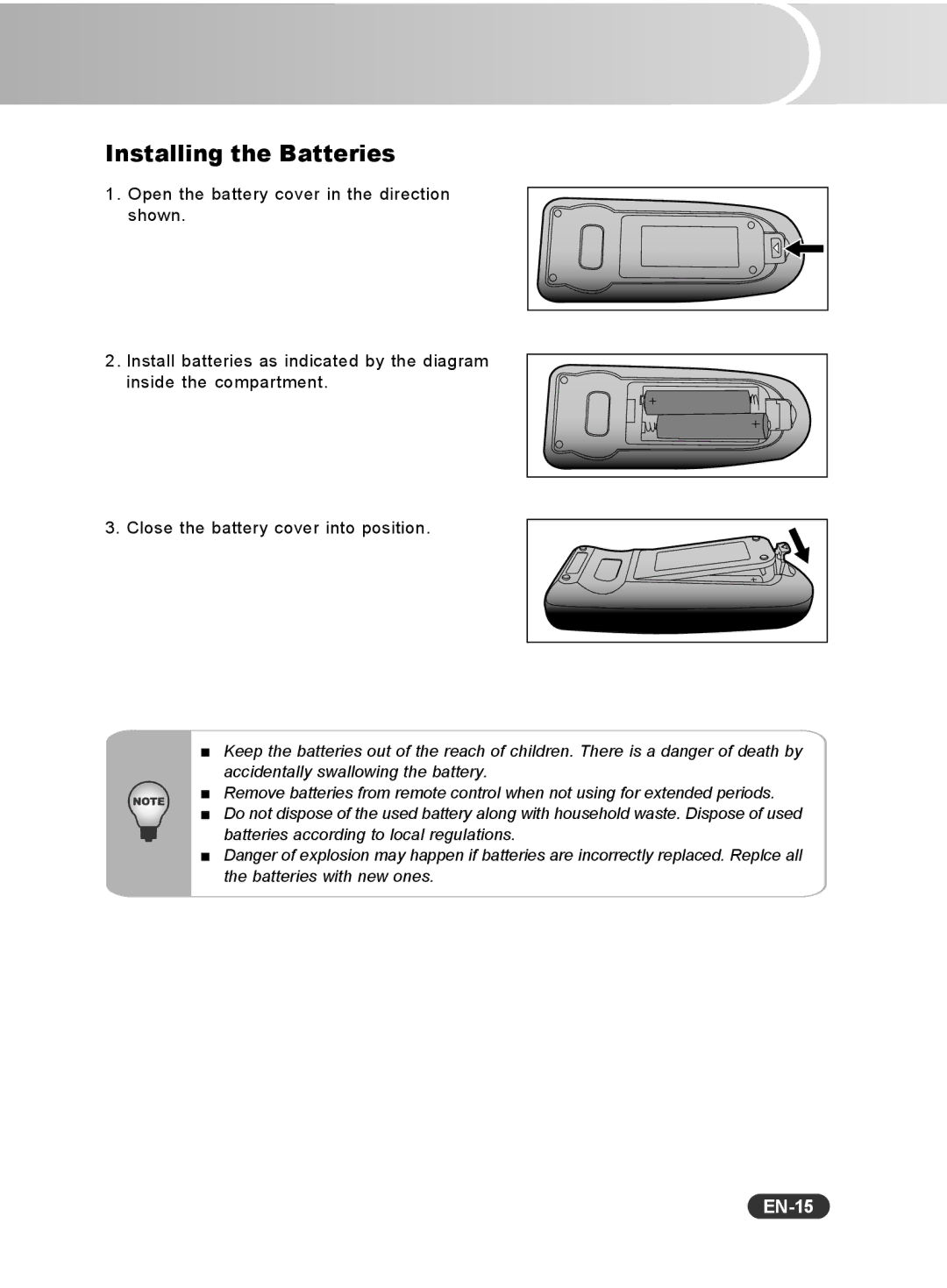 Sanyo PCL-WXU10E, PCL-WXU10N, PCL-WXU10B manual Installing the Batteries, EN-15 