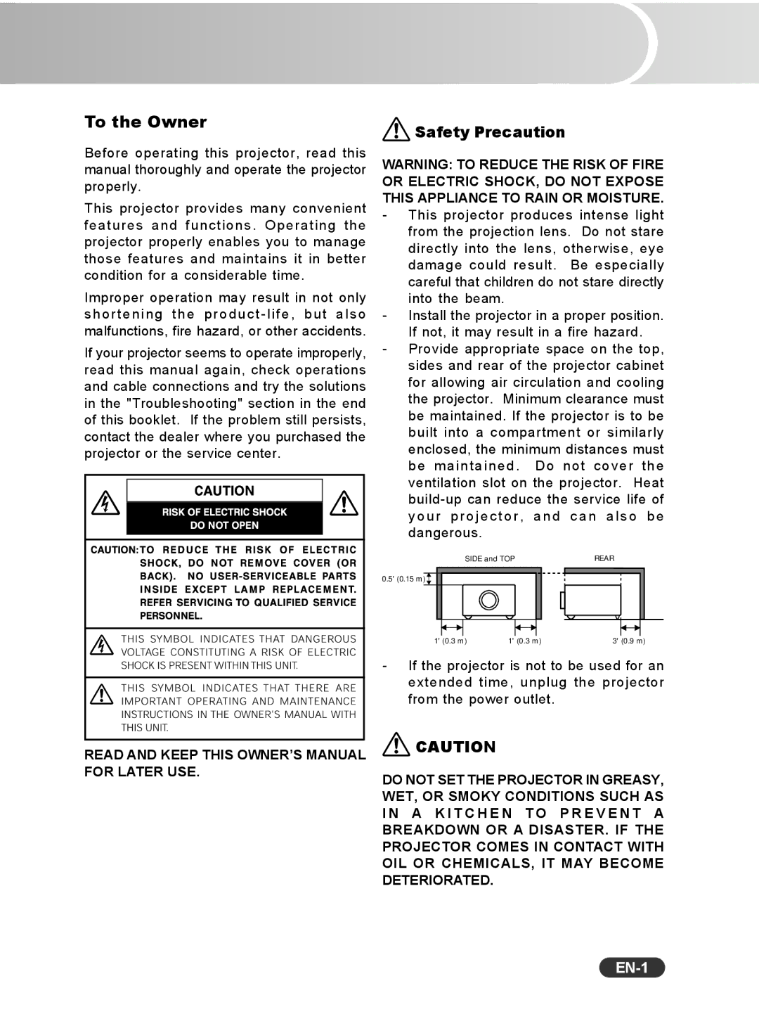 Sanyo PCL-WXU10B, PCL-WXU10N, PCL-WXU10E manual To the Owner, Safety Precaution 