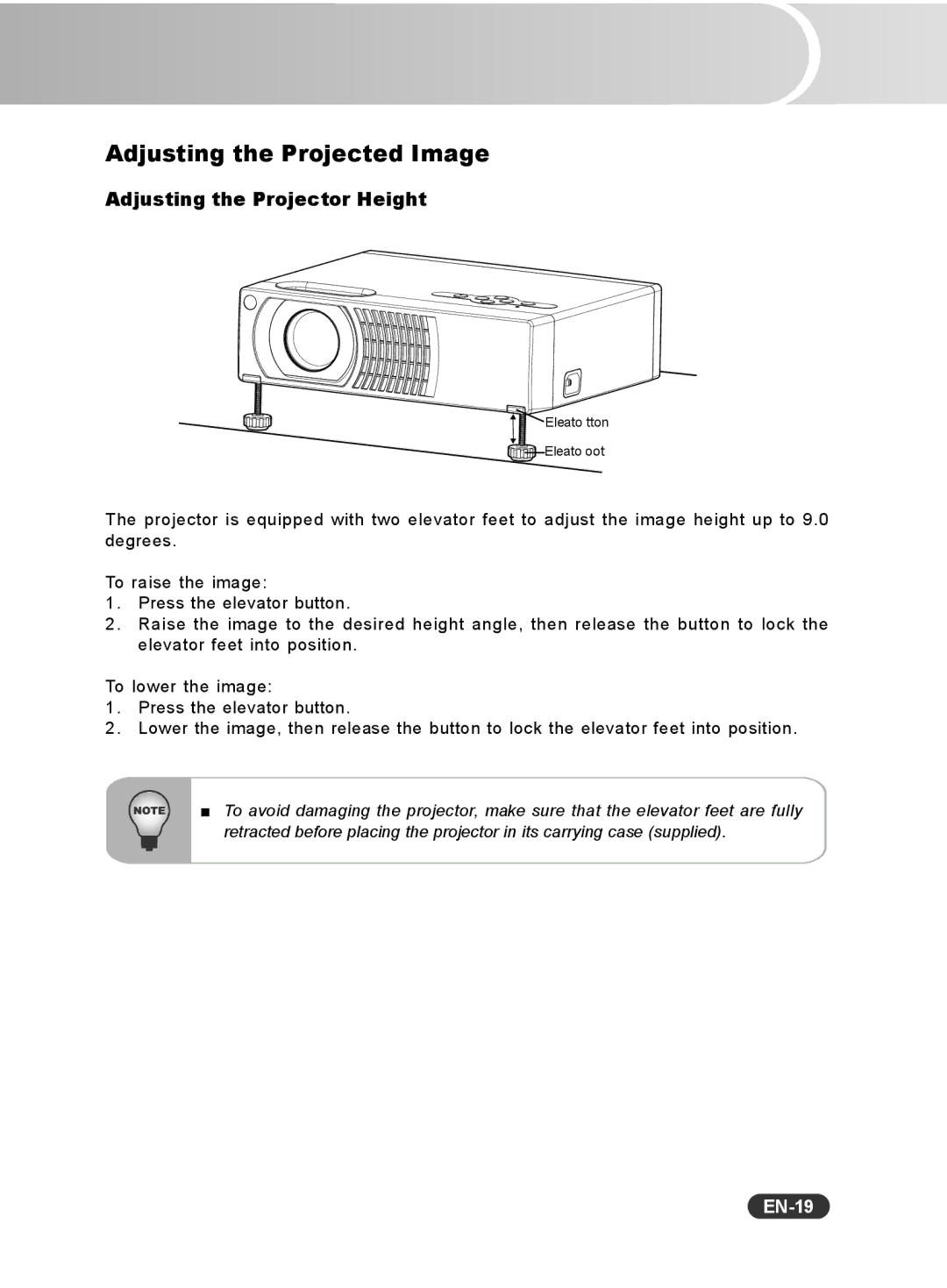 Sanyo PCL-WXU10B, PCL-WXU10N, PCL-WXU10E manual Adjusting the Projected Image, Adjusting the Projector Height, EN-19 