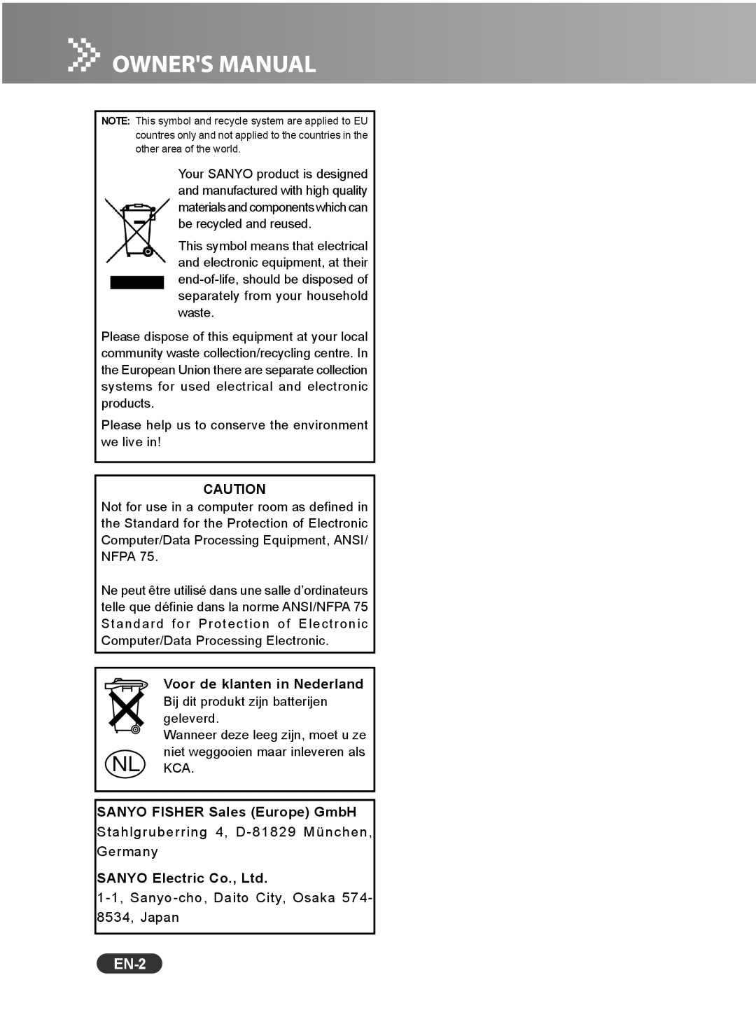 Sanyo PCL-WXU10N, PCL-WXU10E, PCL-WXU10B manual EN-2, Voor de klanten in Nederland, Sanyo Fisher Sales Europe GmbH 