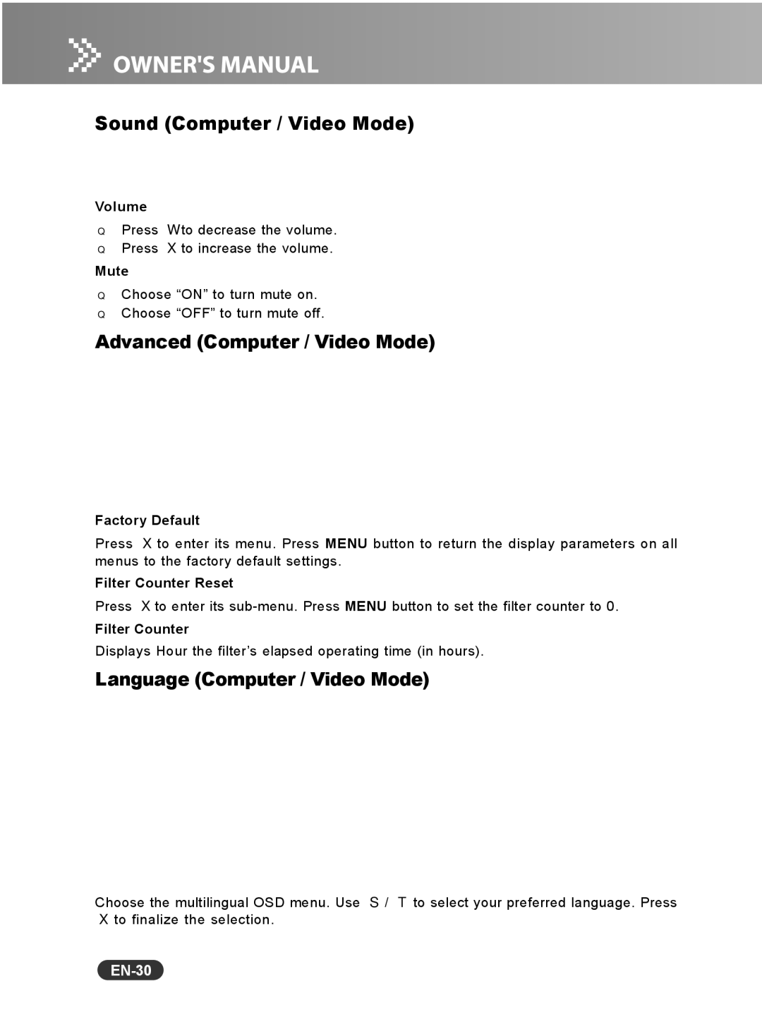 Sanyo PCL-WXU10E manual Sound Computer / Video Mode, Advanced Computer / Video Mode, Language Computer / Video Mode, EN-30 