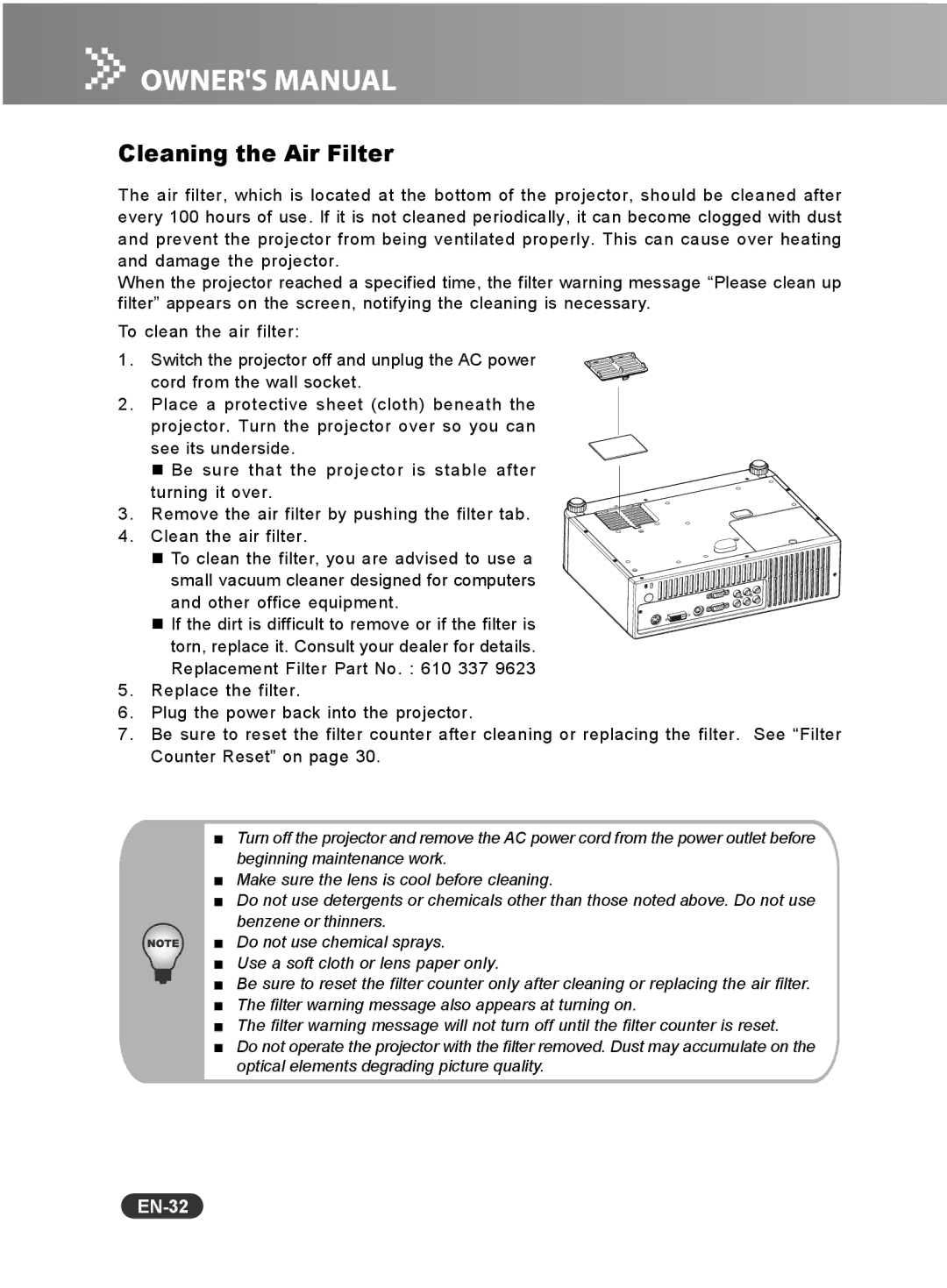 Sanyo PCL-WXU10N, PCL-WXU10E, PCL-WXU10B manual Cleaning the Air Filter, EN-32 