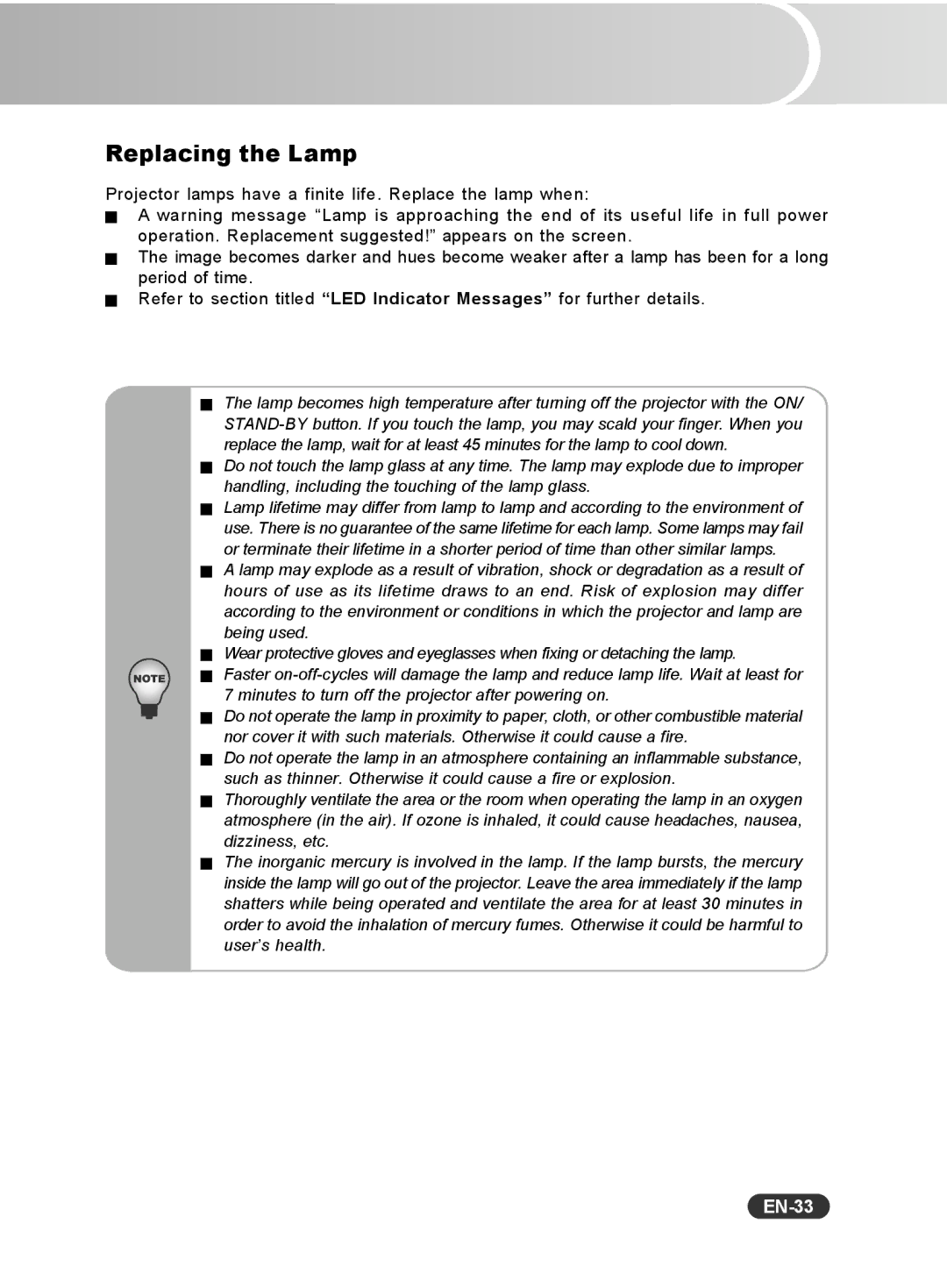 Sanyo PCL-WXU10E, PCL-WXU10N, PCL-WXU10B manual Replacing the Lamp, EN-33 