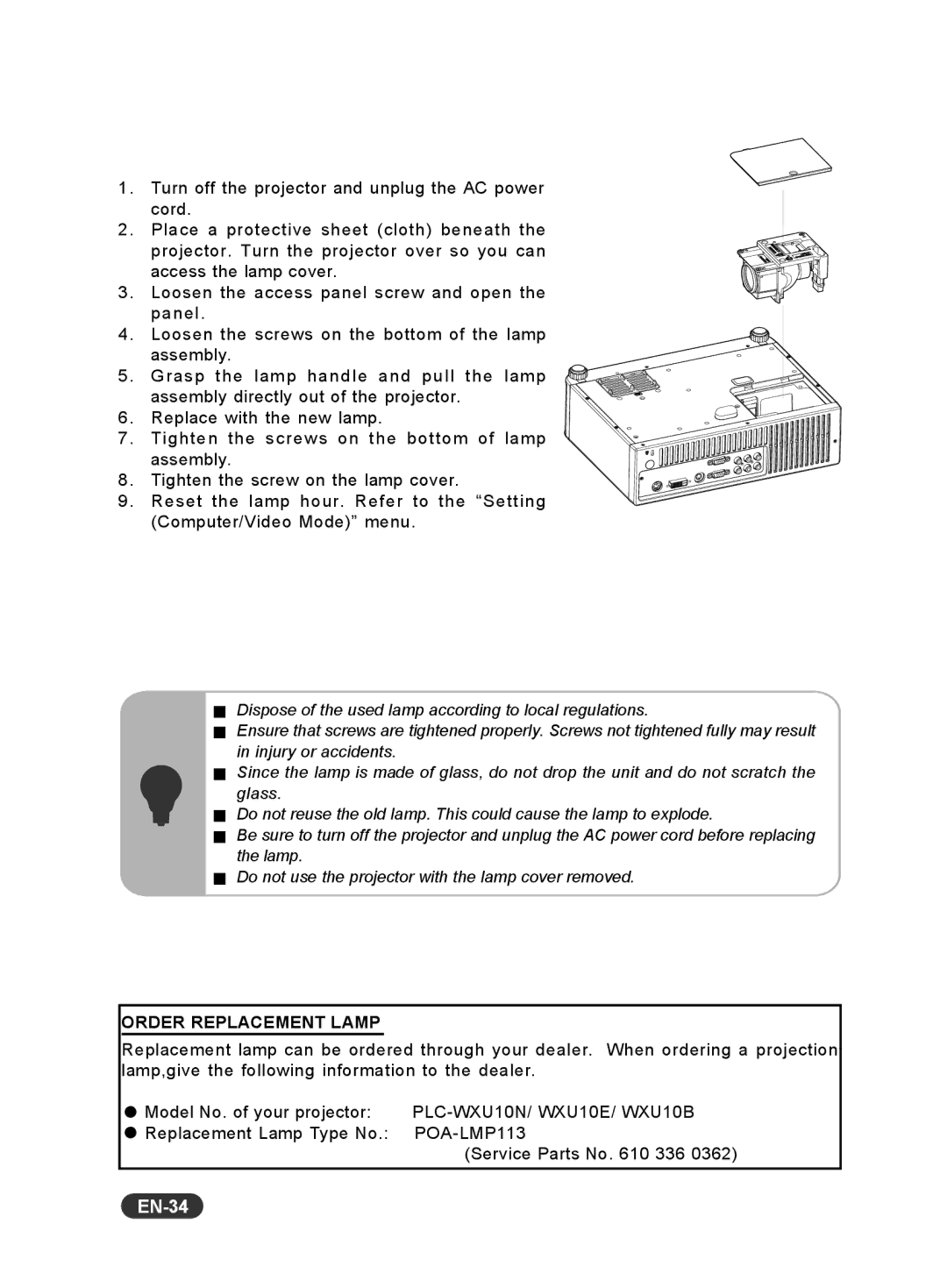 Sanyo PCL-WXU10B, PCL-WXU10N, PCL-WXU10E manual EN-34, Order Replacement Lamp 