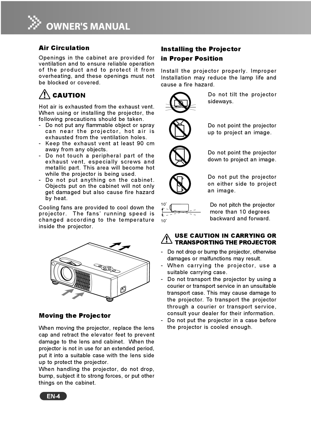 Sanyo PCL-WXU10B, PCL-WXU10N manual Air Circulation, Moving the Projector, Installing the Projector in Proper Position, EN-4 