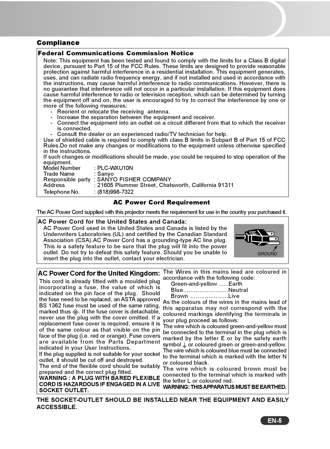 Sanyo PCL-WXU10N, PCL-WXU10E, PCL-WXU10B manual Compliance, EN-5 