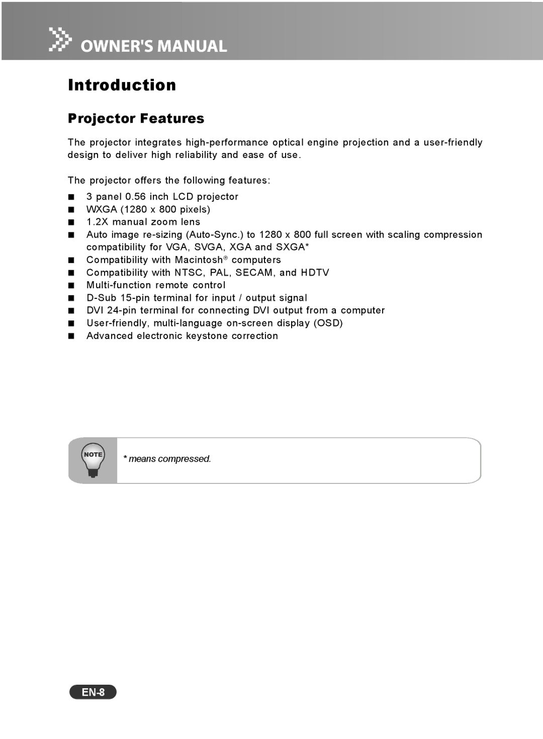 Sanyo PCL-WXU10N, PCL-WXU10E, PCL-WXU10B manual Introduction, Projector Features, EN-8 