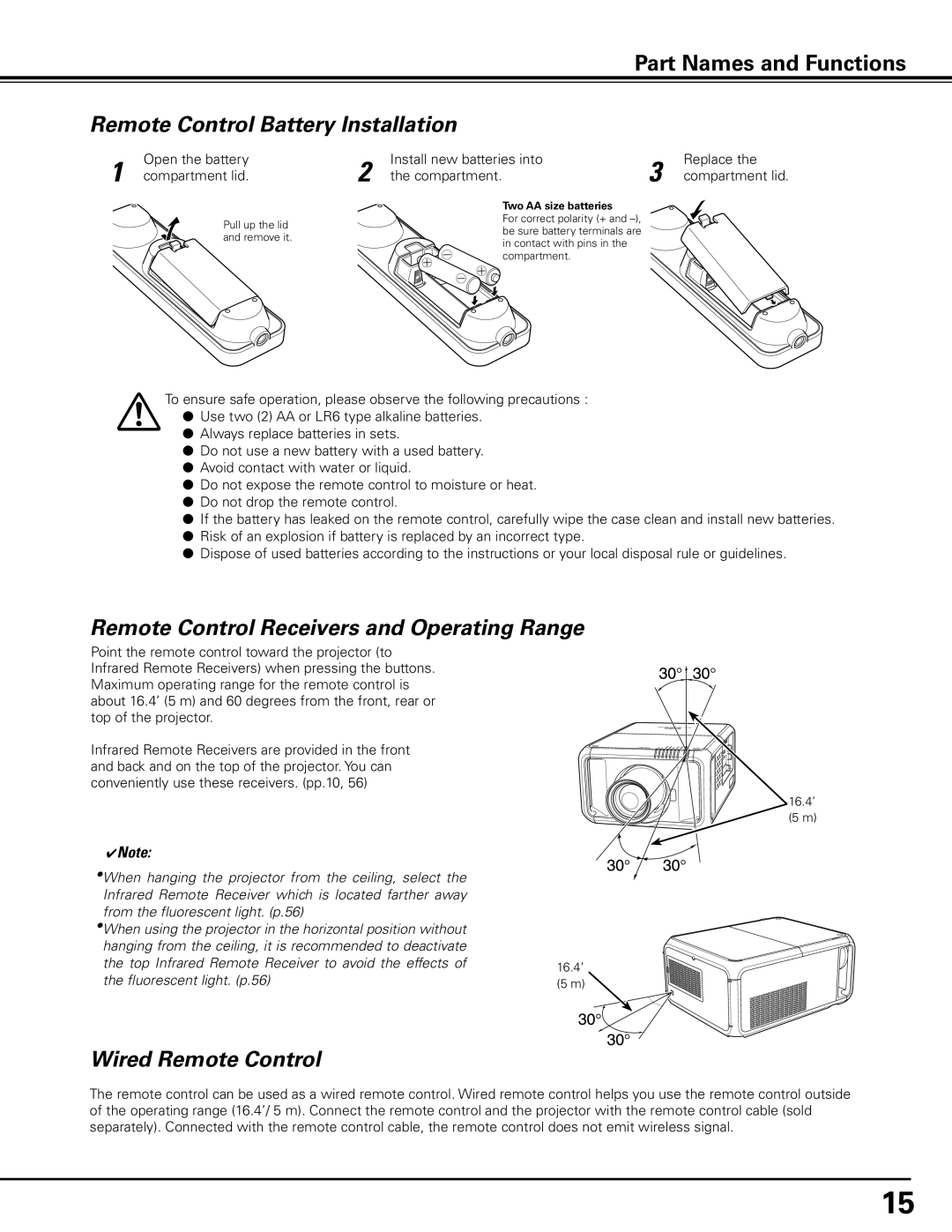 Sanyo PDG-DHT100L Remote Control Battery Installation, Remote Control Receivers and Operating Range, Wired Remote Control 