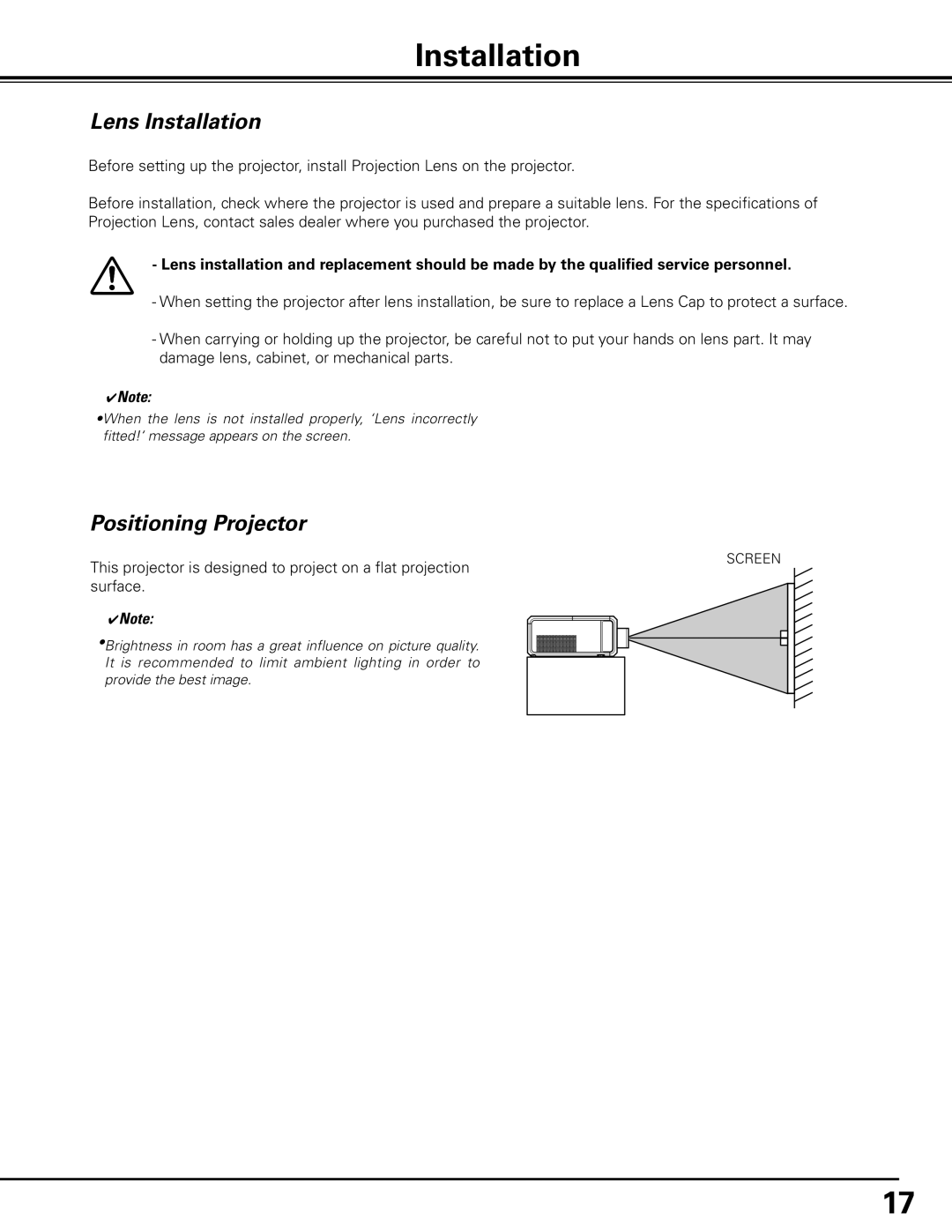 Sanyo PDG-DHT100L owner manual Lens Installation, Positioning Projector 