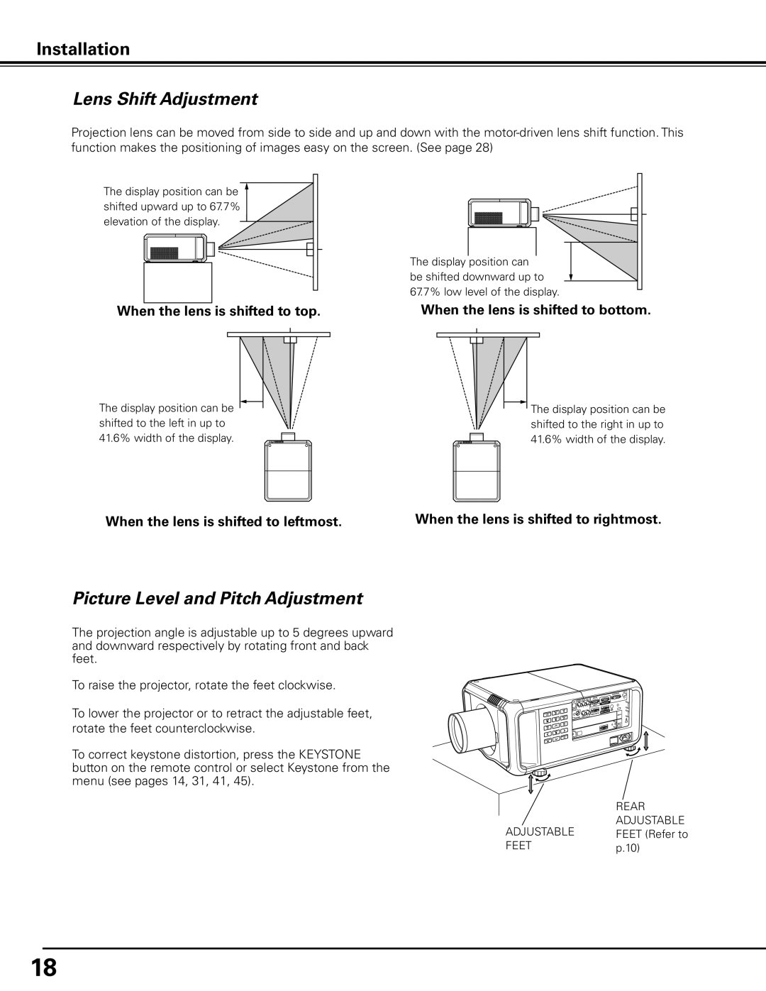 Sanyo PDG-DHT100L owner manual Lens Shift Adjustment, Picture Level and Pitch Adjustment, When the lens is shifted to top 