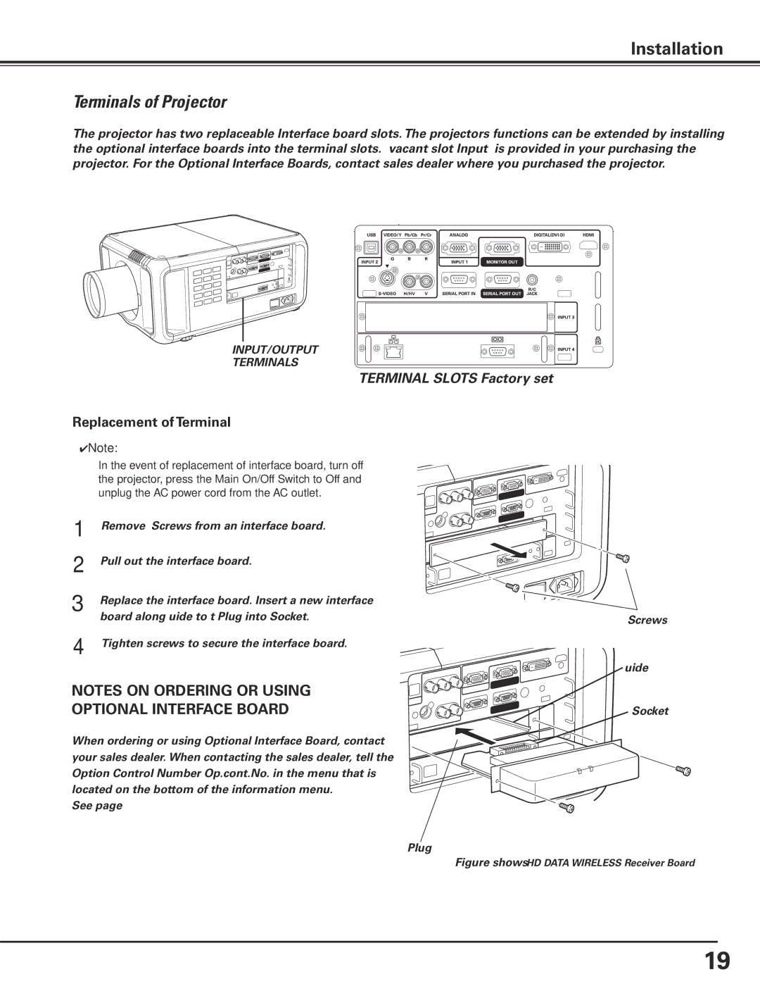 Sanyo PDG-DHT100L owner manual Terminals of Projector, Replacement of Terminal 