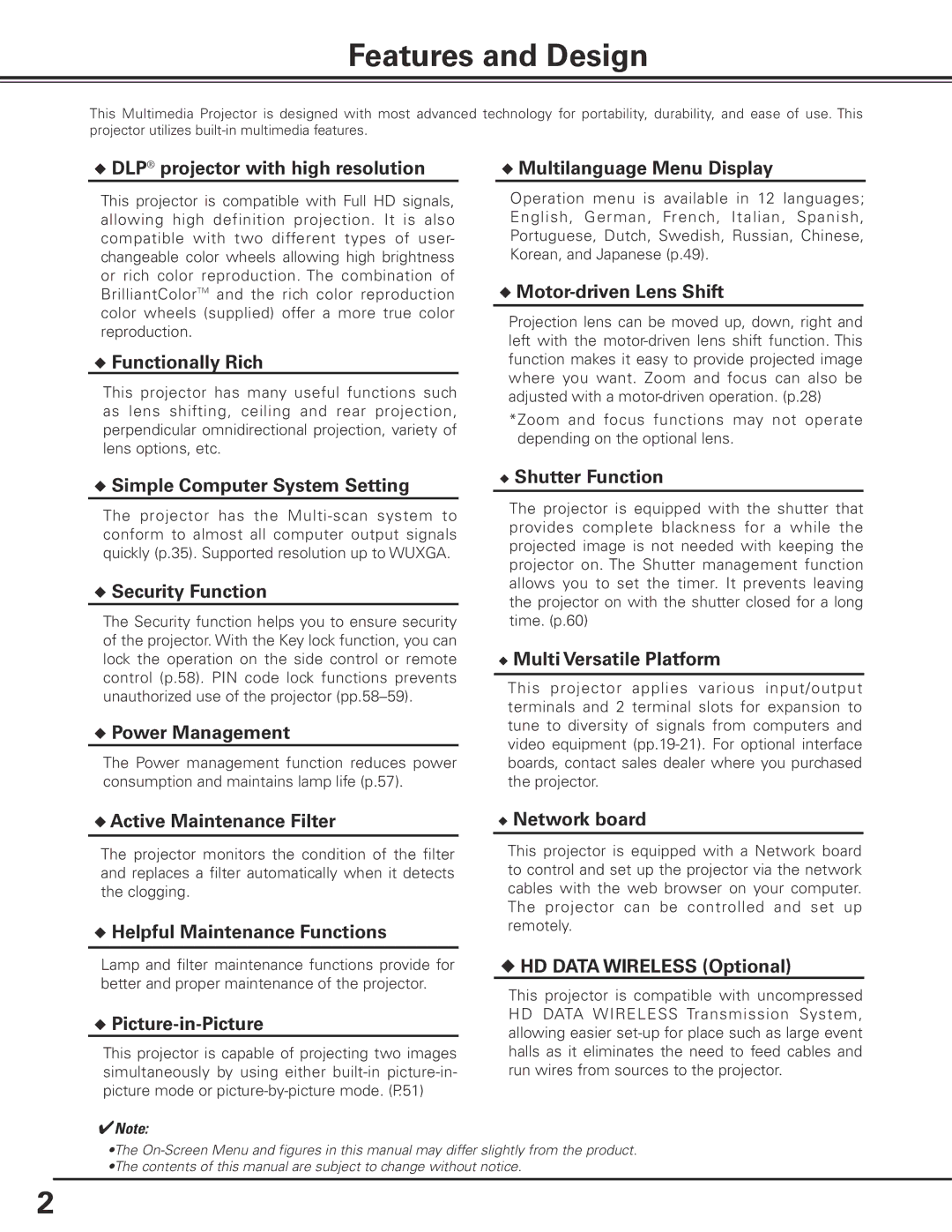 Sanyo PDG-DHT100L owner manual Features and Design 