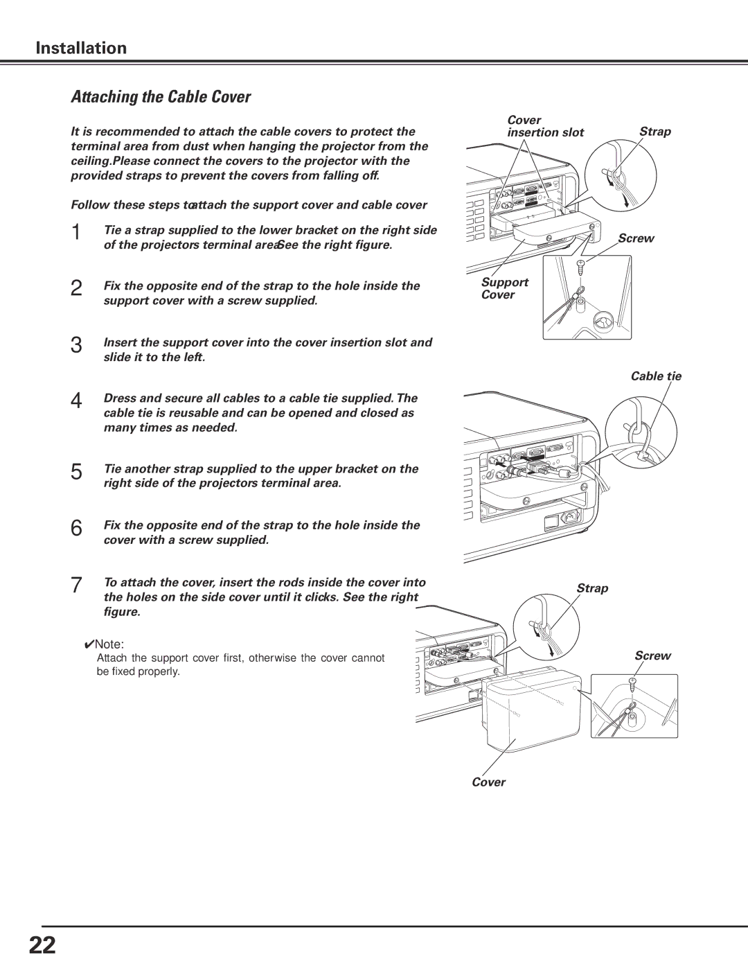 Sanyo PDG-DHT100L owner manual Attaching the Cable Cover 