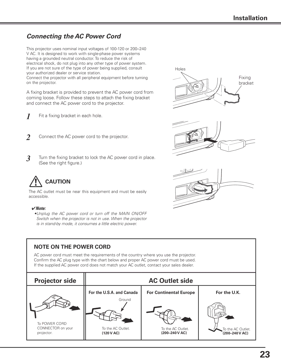 Sanyo PDG-DHT100L Connecting the AC Power Cord, For the U..K, For the U..S..A.. and Canada For Continental Europe 