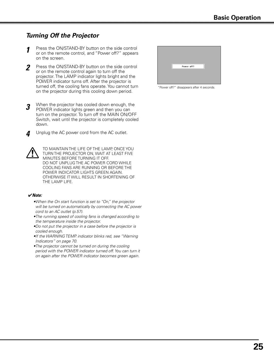 Sanyo PDG-DHT100L owner manual Turning Off the Projector, Unplug the AC power cord from the AC outlet 