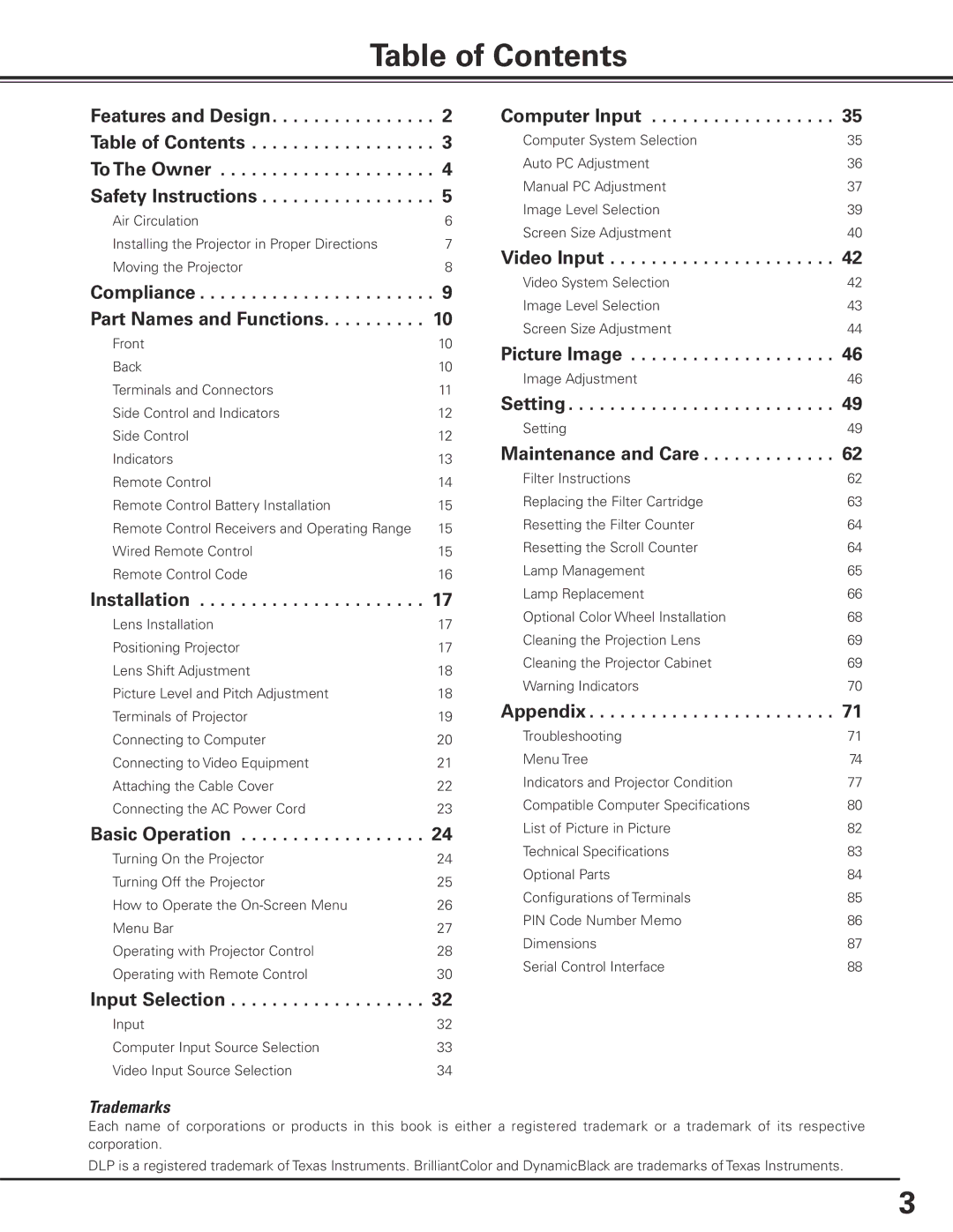 Sanyo PDG-DHT100L owner manual Table of Contents 