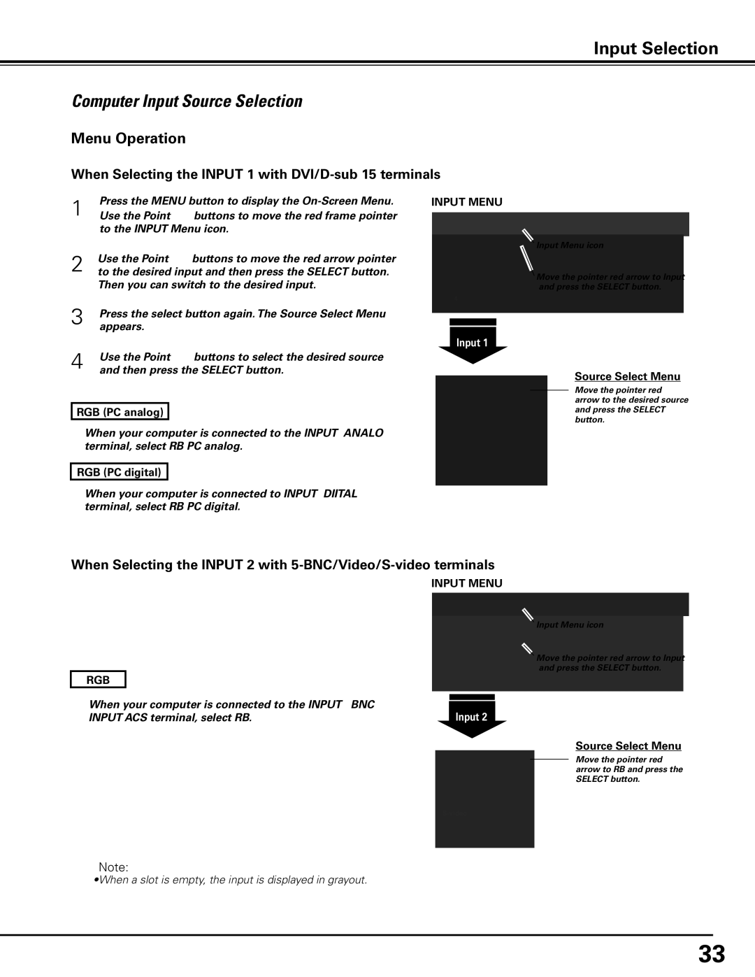 Sanyo PDG-DHT100L Computer Input Source Selection, Menu Operation, When Selecting the Input 1 with DVI/D-sub 15 terminals 