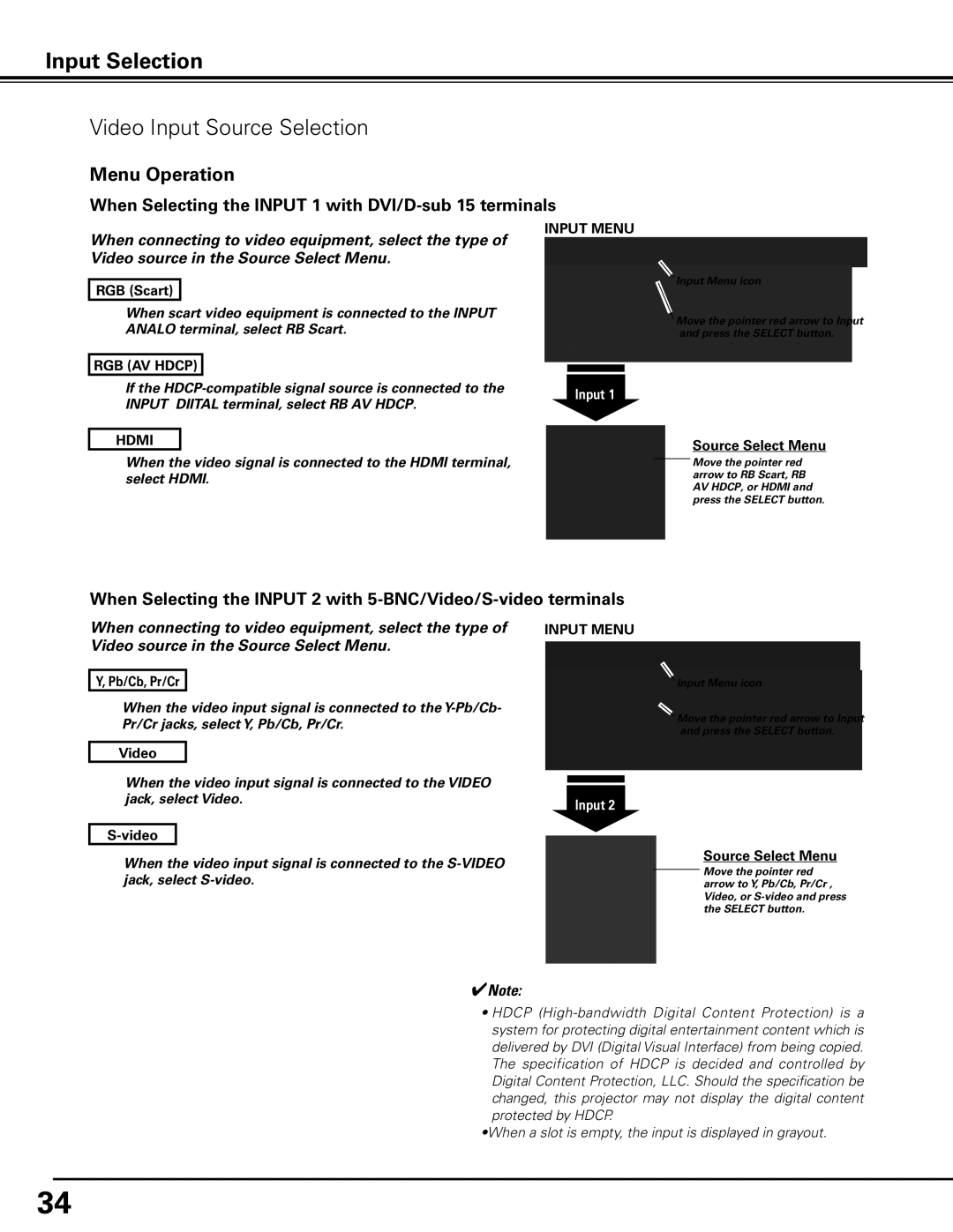 Sanyo PDG-DHT100L owner manual Video Input Source Selection, RGB Scart, RGB AV Hdcp, Pb/Cb, Pr/Cr 