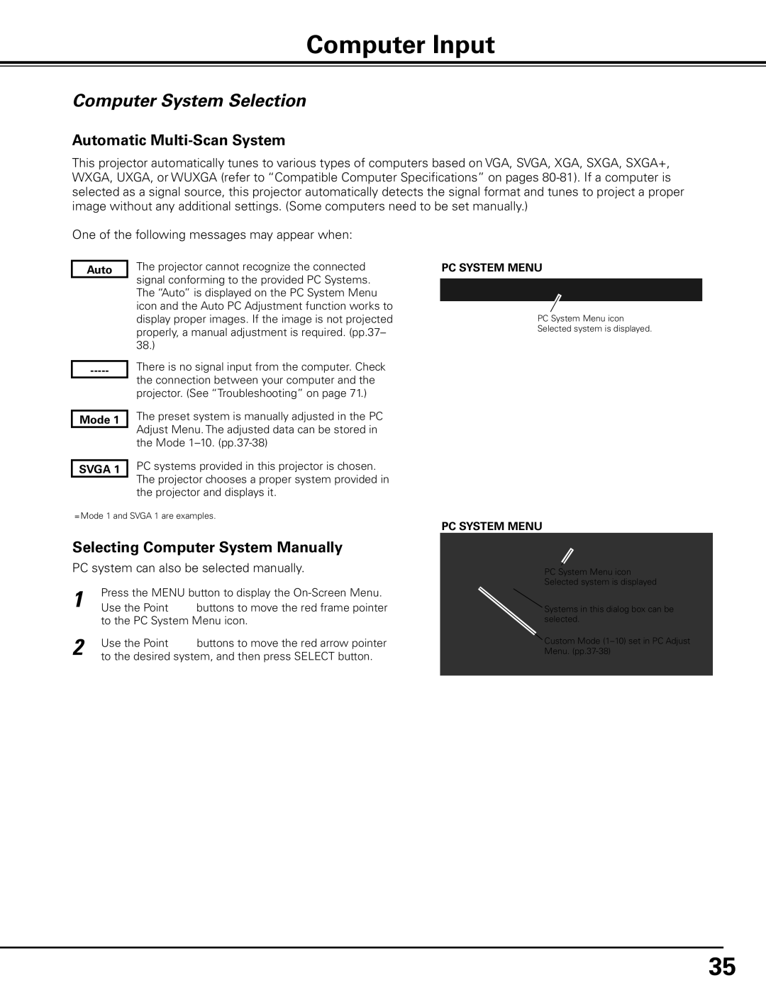 Sanyo PDG-DHT100L owner manual Computer Input, Computer System Selection, Automatic Multi-Scan System 