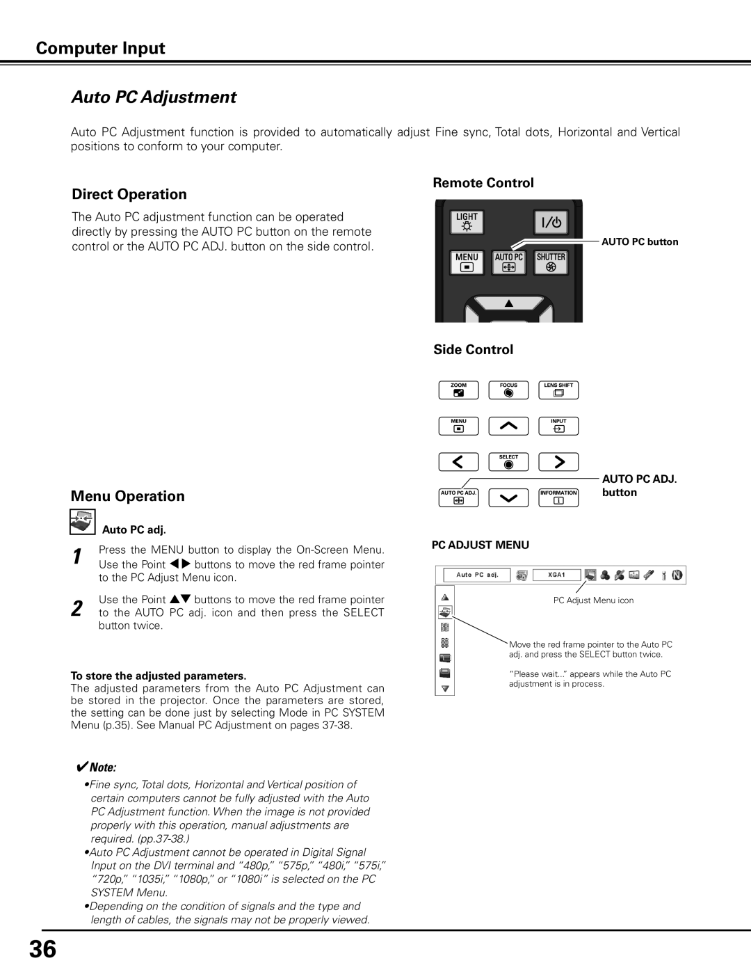 Sanyo PDG-DHT100L Auto PC Adjustment, Direct Operation, Auto PC adj, To store the adjusted parameters, PC Adjust Menu 