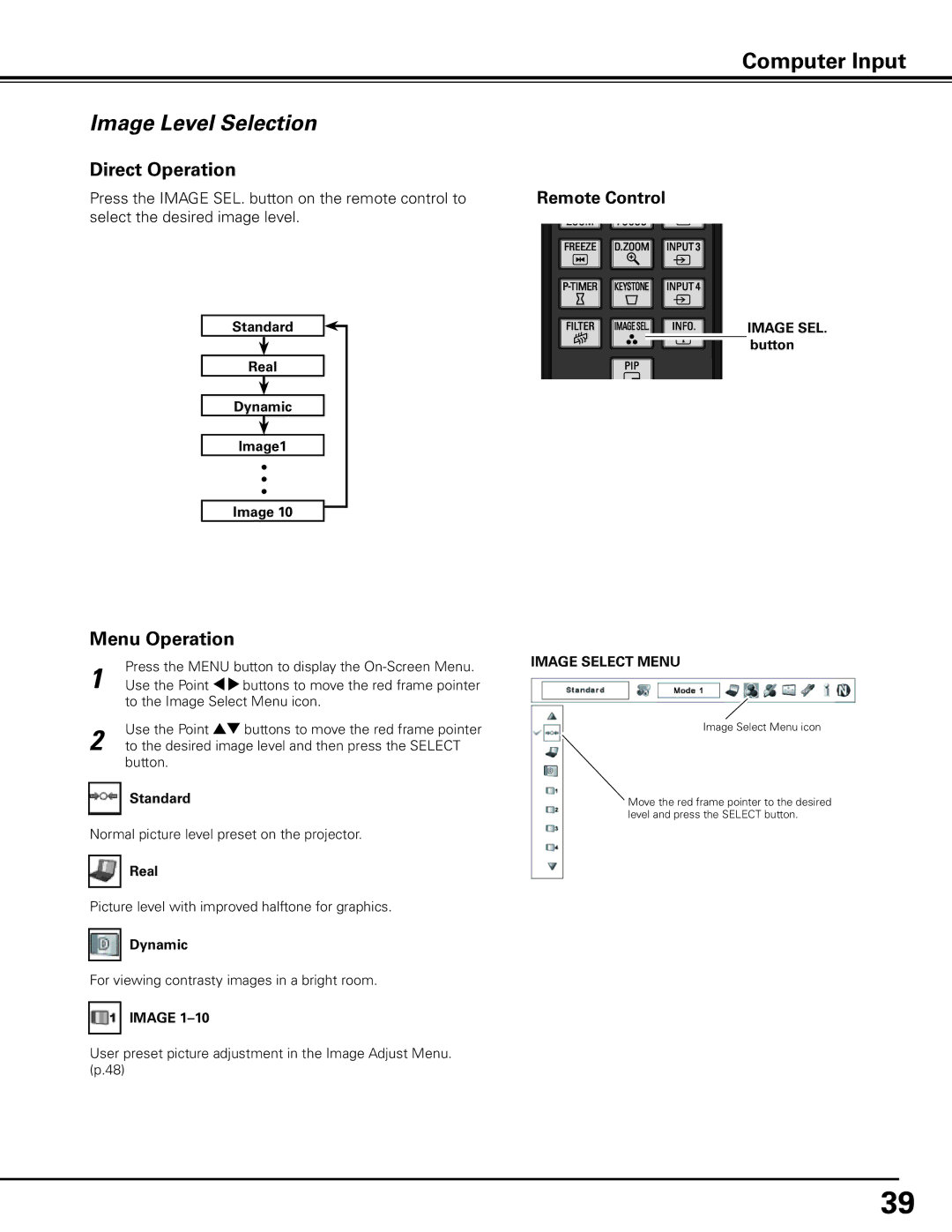 Sanyo PDG-DHT100L owner manual Image Level Selection, Standard Real Dynamic Image1 Image SEL.. button, Image Select Menu 