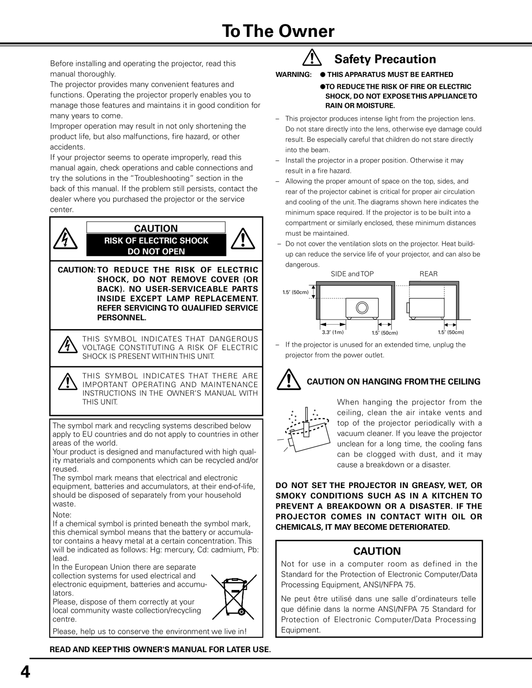 Sanyo PDG-DHT100L owner manual To The Owner, Risk of Electric Shock Do not Open 