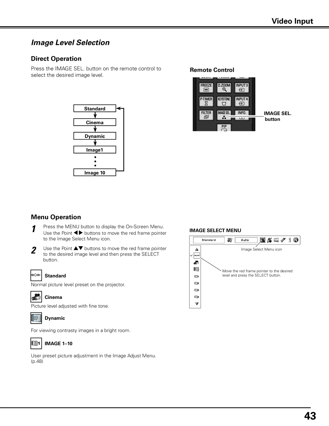 Sanyo PDG-DHT100L owner manual Image Level Selection, Standard Cinema Dynamic Image1 Image SEL.. button 