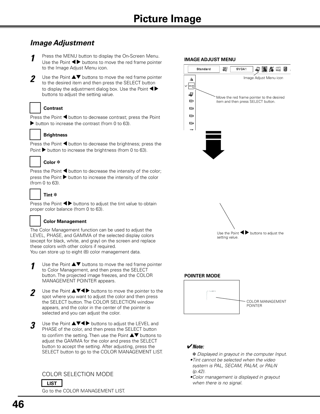 Sanyo PDG-DHT100L owner manual Picture Image, Image Adjustment, List, Image Adjust Menu, Pointer Mode 