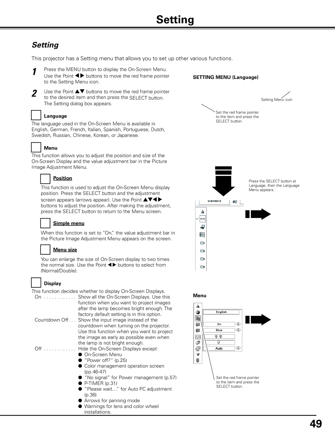 Sanyo PDG-DHT100L owner manual Setting 