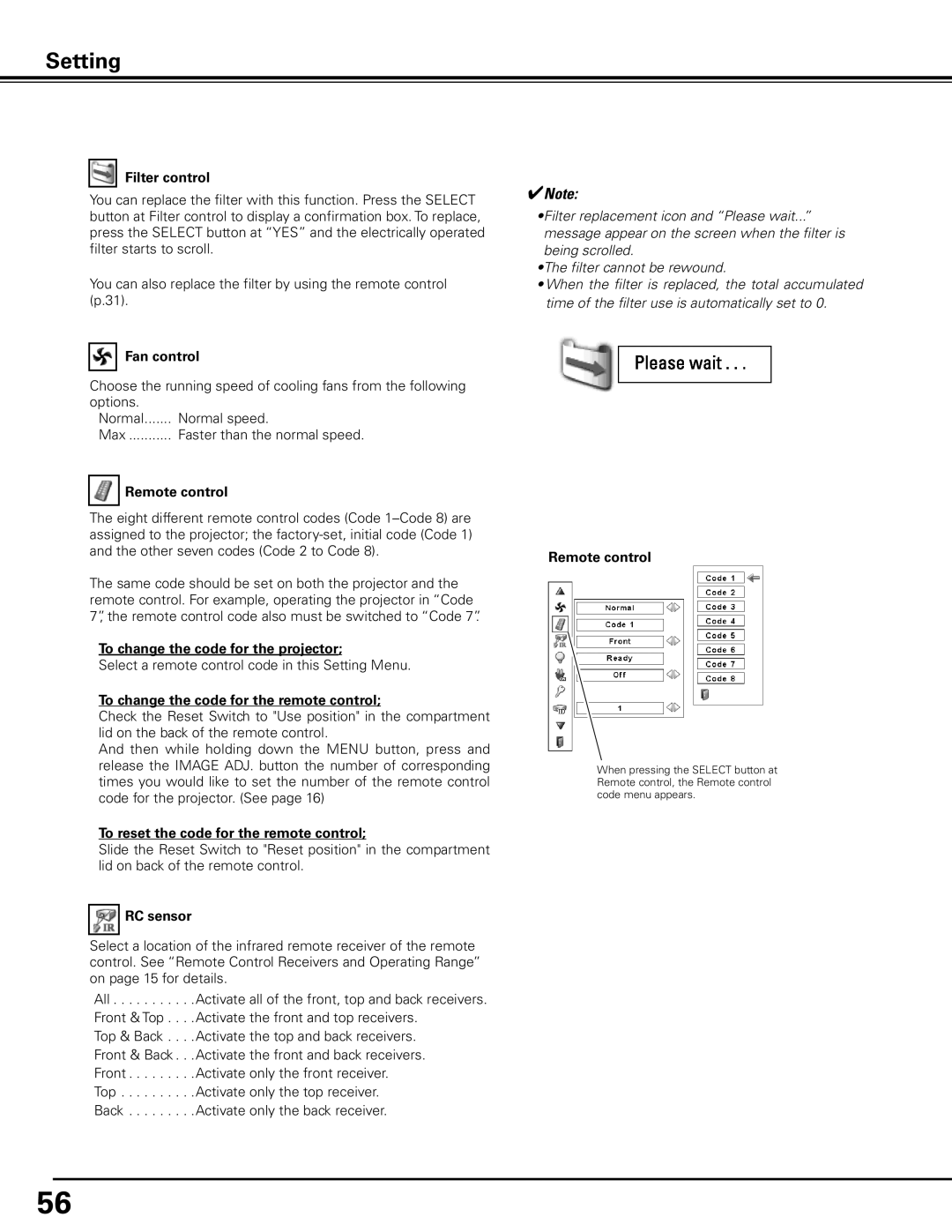 Sanyo PDG-DHT100L owner manual Filter control, Fan control, Remote control, To change the code for the projector, RC sensor 