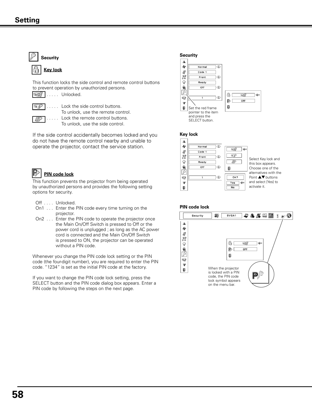 Sanyo PDG-DHT100L owner manual Security Key lock, Key lock PIN code lock 