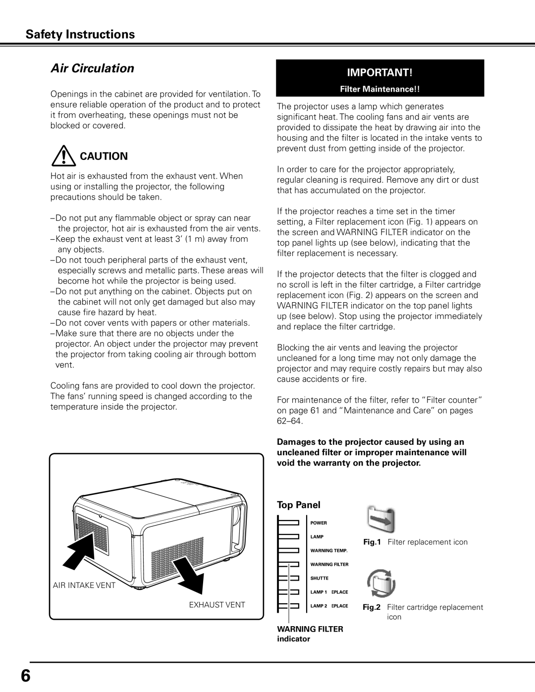 Sanyo PDG-DHT100L owner manual Air Circulation, Top Panel 