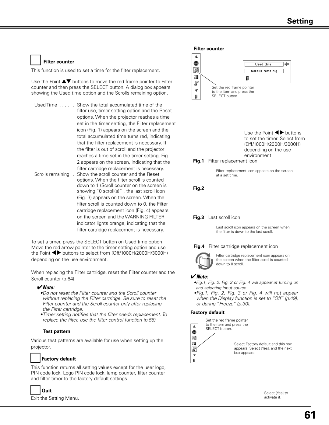 Sanyo PDG-DHT100L owner manual Filter counter, Test pattern, Factory default 