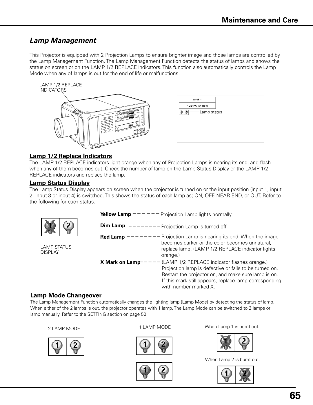 Sanyo PDG-DHT100L owner manual Lamp Management, Lamp 1/2 Replace Indicators, Lamp Status Display, Lamp Mode Changeover 