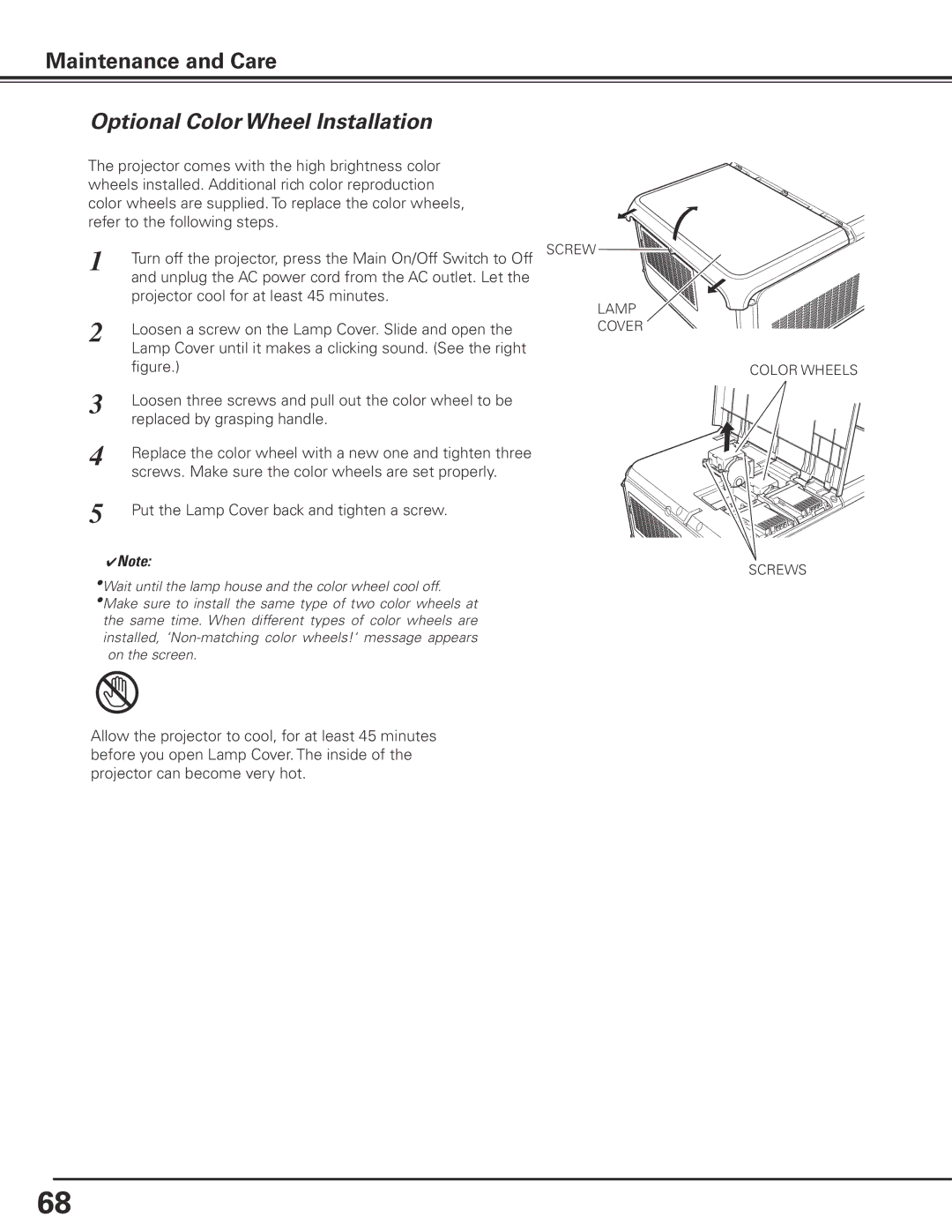 Sanyo PDG-DHT100L owner manual Optional Color Wheel Installation 