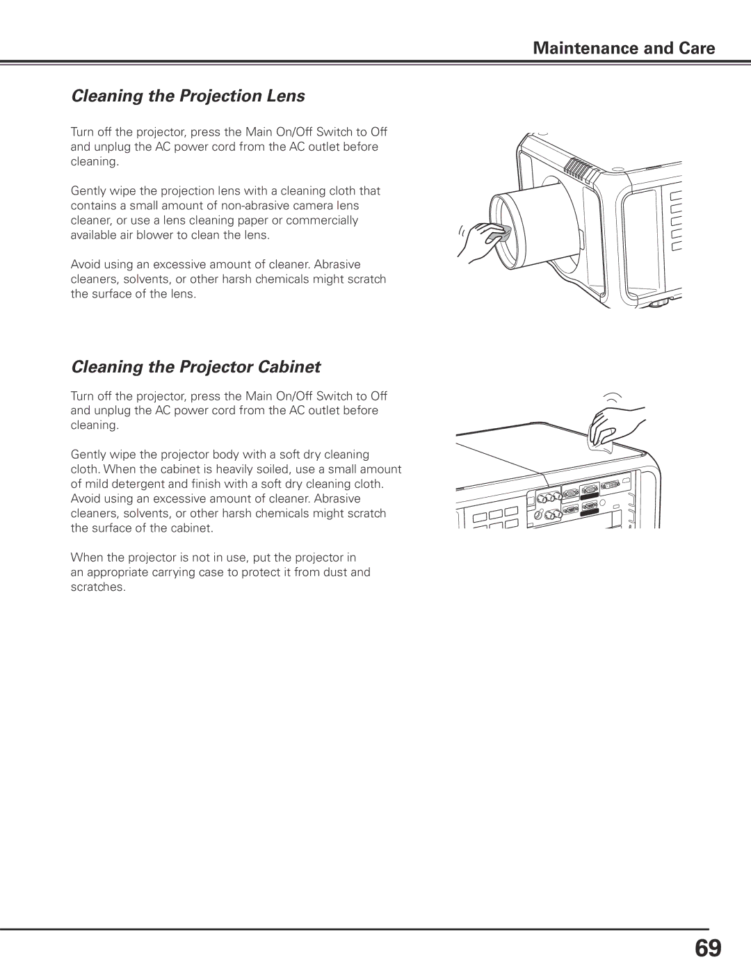 Sanyo PDG-DHT100L owner manual Cleaning the Projection Lens, Cleaning the Projector Cabinet 