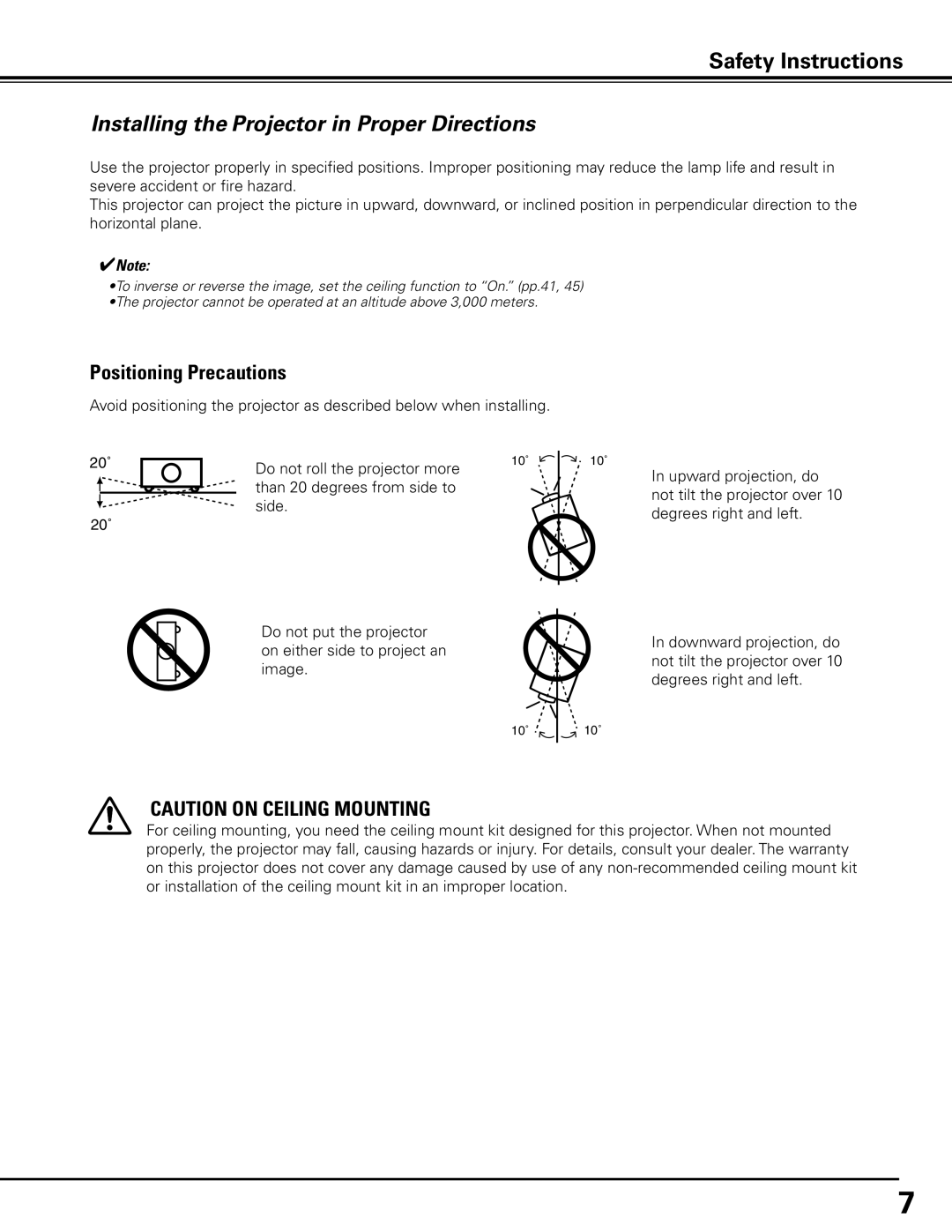 Sanyo PDG-DHT100L owner manual Installing the Projector in Proper Directions, Positioning Precautions 