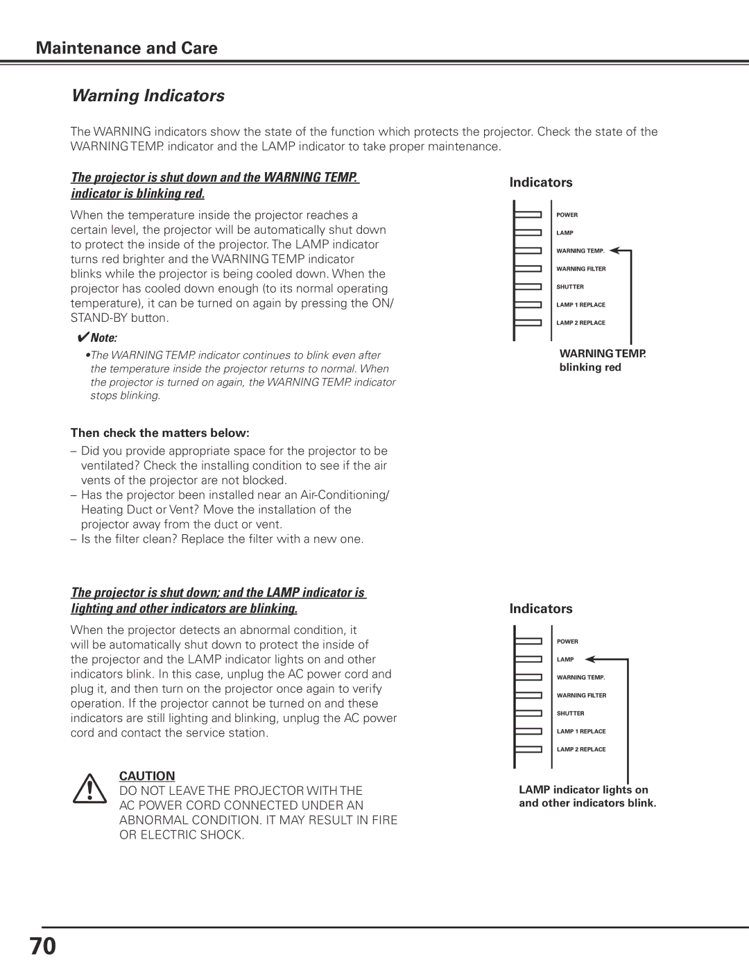 Sanyo PDG-DHT100L owner manual Then check the matters below, Lamp indicator lights on and other indicators blink 