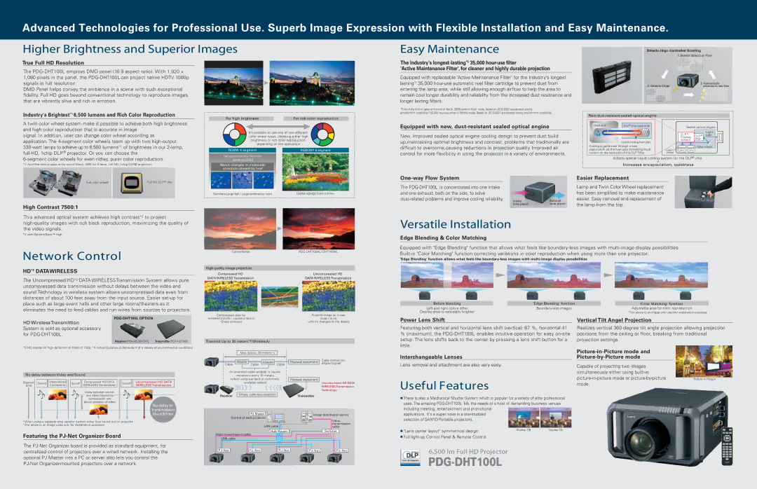 Sanyo PDG-DHT100WL Higher Brightness and Superior Images, Easy Maintenance, Network Control, Versatile Installation 