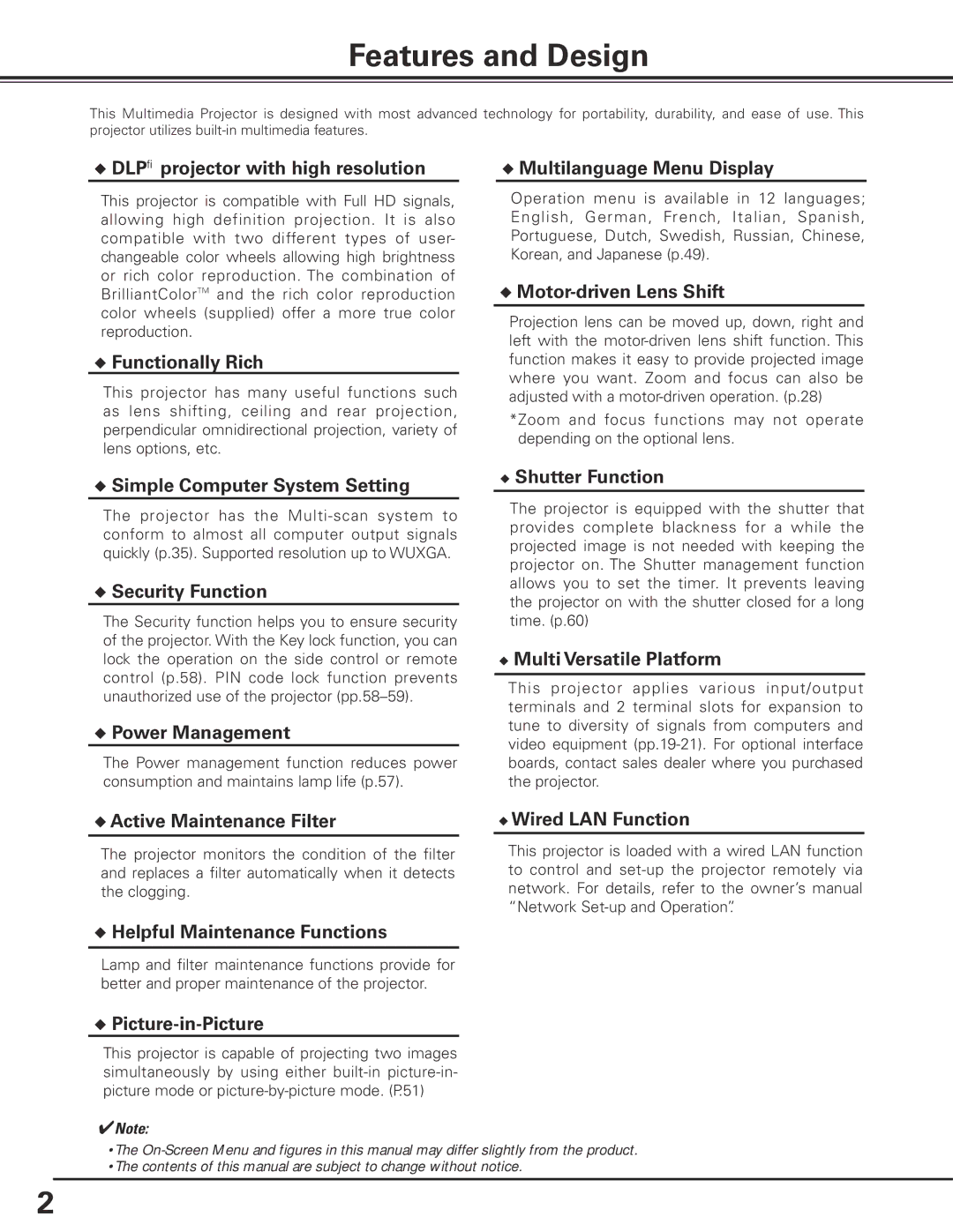 Sanyo PDG-DHT8000L owner manual Features and Design 