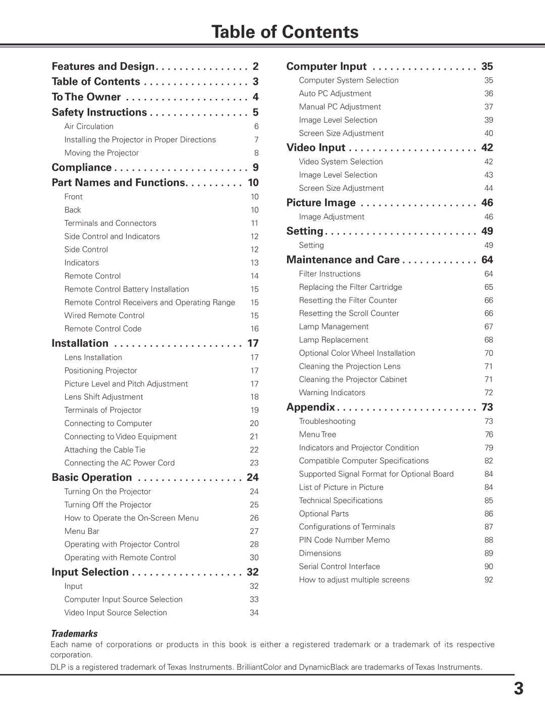 Sanyo PDG-DHT8000L owner manual Table of Contents 