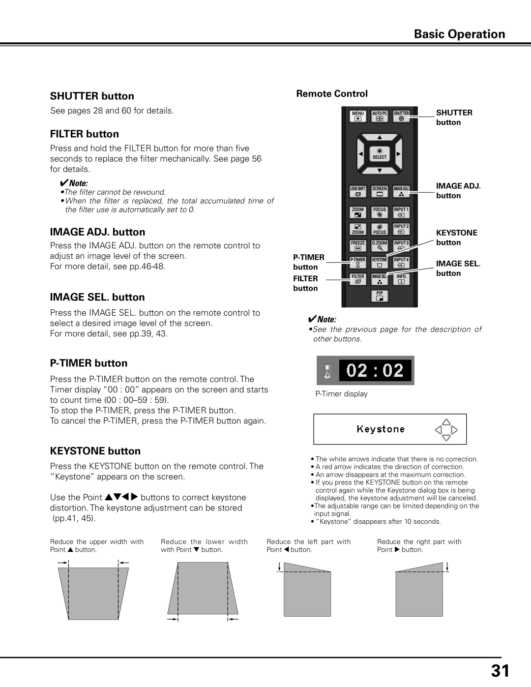 Sanyo PDG-DHT8000L Shutter button, Filter button, Image ADJ.. button, Image SEL.. button, Timer button, Keystone button 